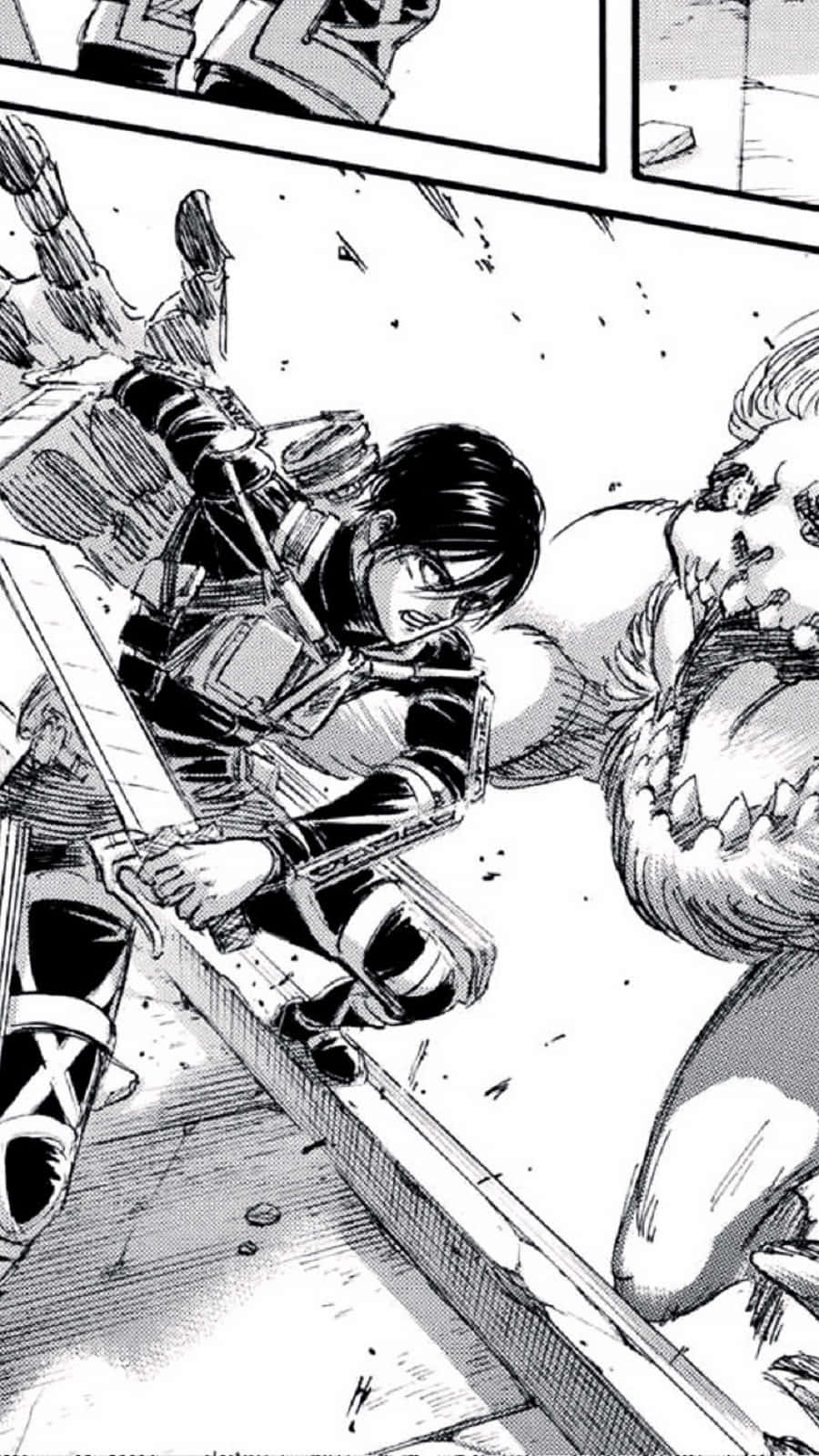 Manga Series 桌布 壁紙 — 一個漫畫格顯示一名裝備齊全的士兵正在與一隻擁有尖牙利爪的巨型人形生物戰鬥。