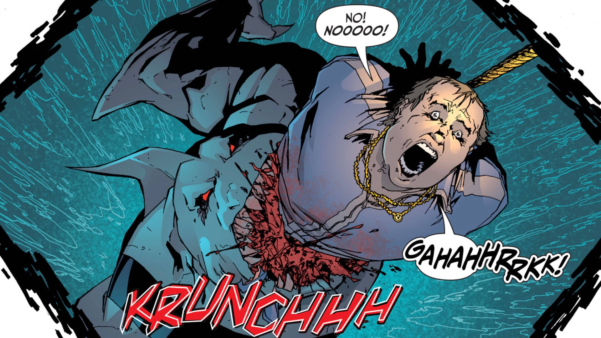 King Shark 桌布 壁紙 — 一個漫畫格顯示一條鯊魚咬住一個尖叫男人的軀幹，伴有血濺和音效。