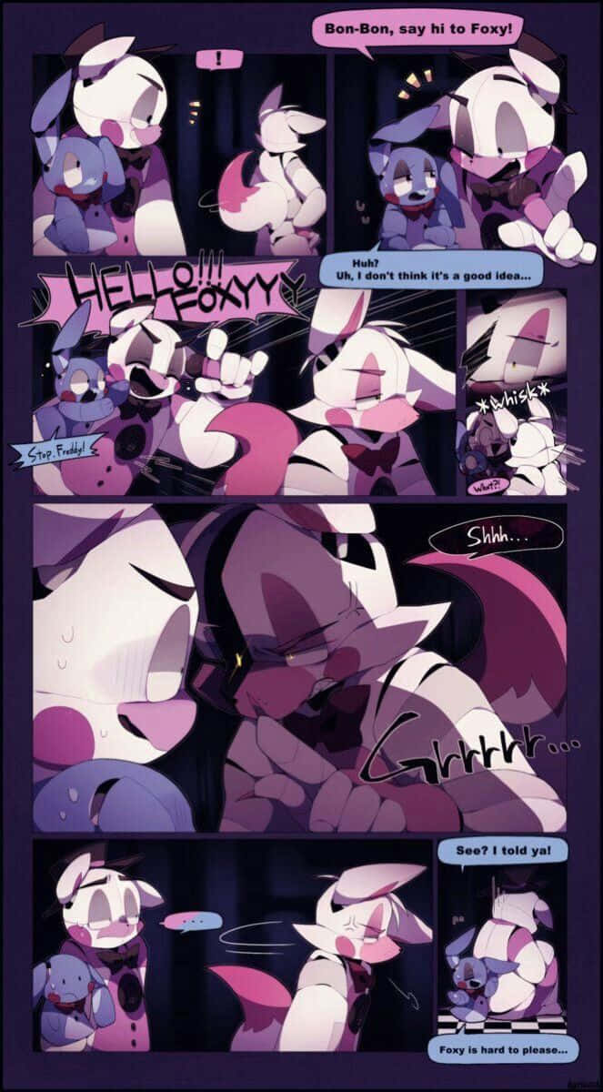 Fnaf Characters 桌布 壁紙 — 一個漫畫格顯示一隻紫色兔子角色在燈光昏暗的房間裡，緊張地向一隻脾氣暴躁的狐狸打招呼，並帶有對話氣泡。
