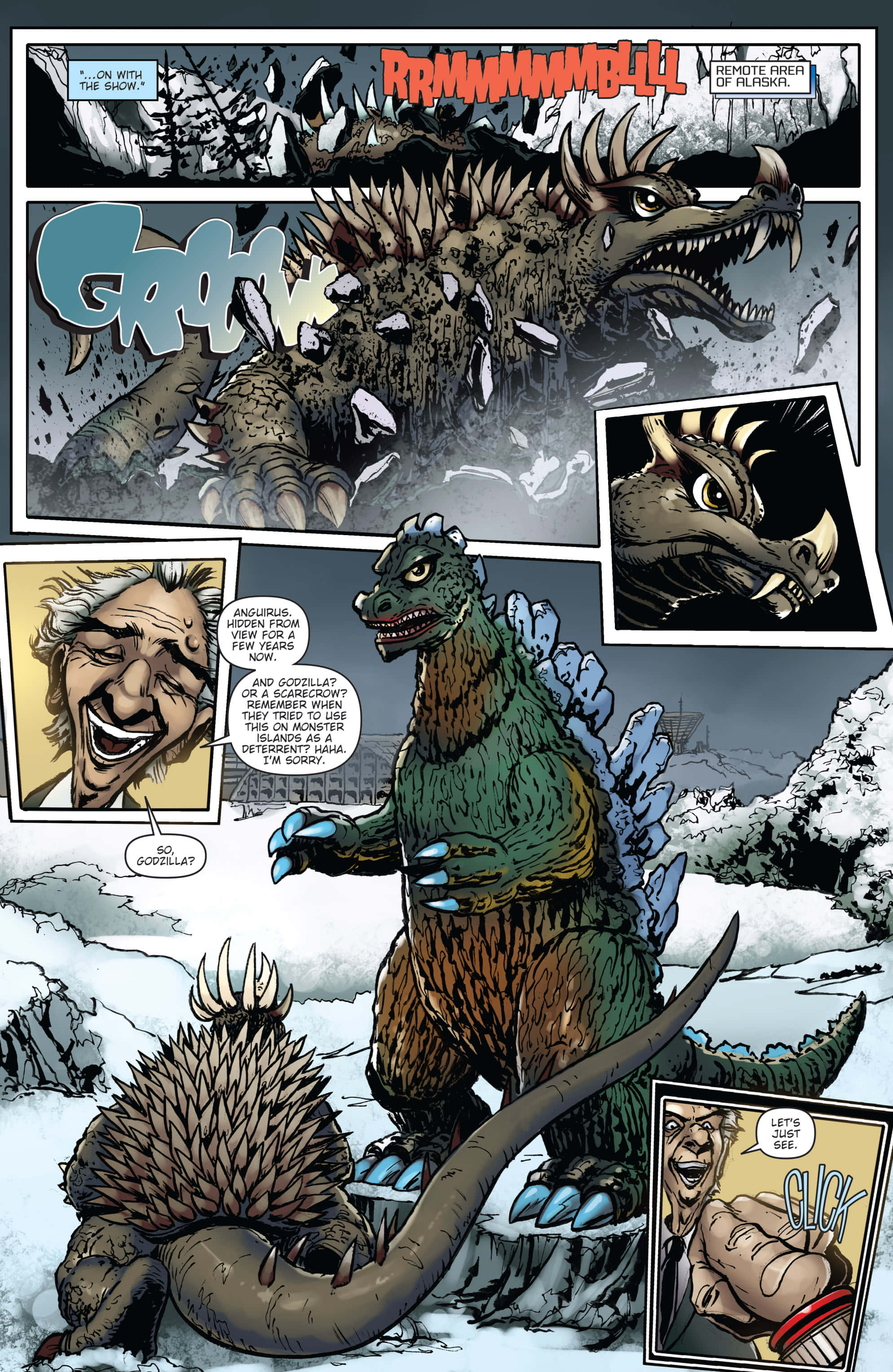 Godzilla Earth 桌布 壁紙 — 一個漫畫格顯示哥吉拉在雪地廢墟中咆哮，而一個男人在嘲笑下方較小的怪物。