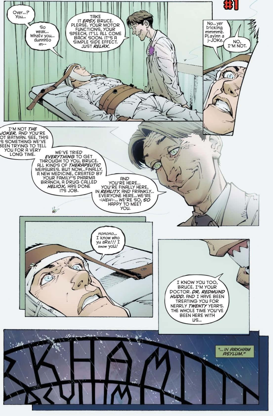 Batman Last Knight On Earth 桌布 壁紙 — 一個漫畫格顯示被約束在醫院床上的布魯斯·韋恩，一位醫生和另一名男子與他交談，而最後一格揭示了阿卡姆瘋人院的標誌性大門。