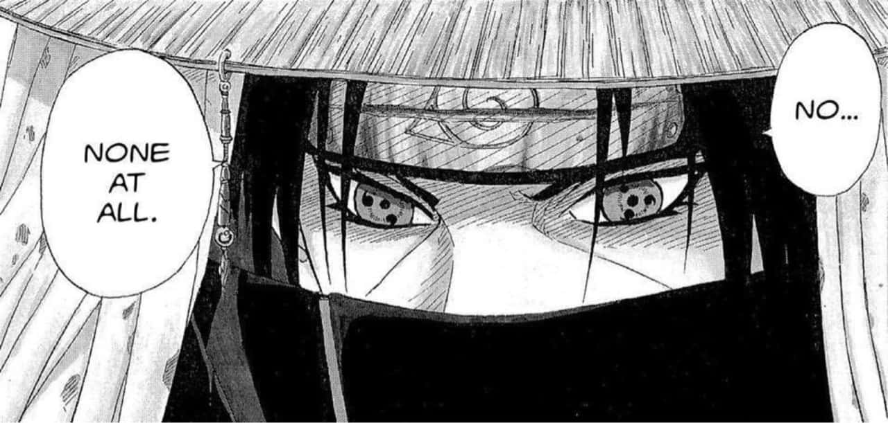 Naruto Manga 桌布 壁紙 — 一個漫畫特寫面板顯示一個戴著面具的忍者，擁有強烈的寫輪眼和草帽，宣告「完全沒有。」