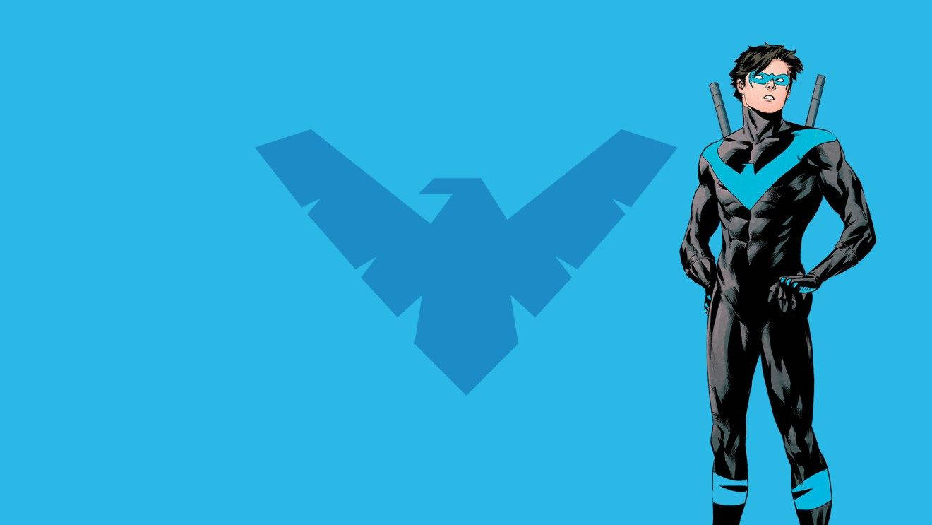 Nightwing 桌布 壁紙 — 一個漫畫超級英雄穿著黑色和藍色的套裝，自信地站在純藍色背景前，帶有風格化的鳥標誌。