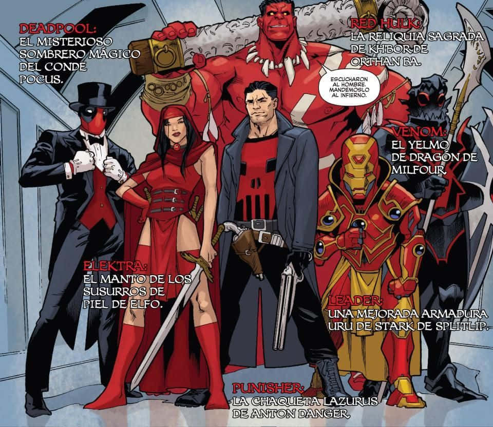 Thunderbolts 桌布 壁紙 — 一個漫畫面板，描繪死侍、艾麗卡、紅浩克、猛毒領袖和懲罰者一起站在走廊上，帶有西班牙文文字標籤。