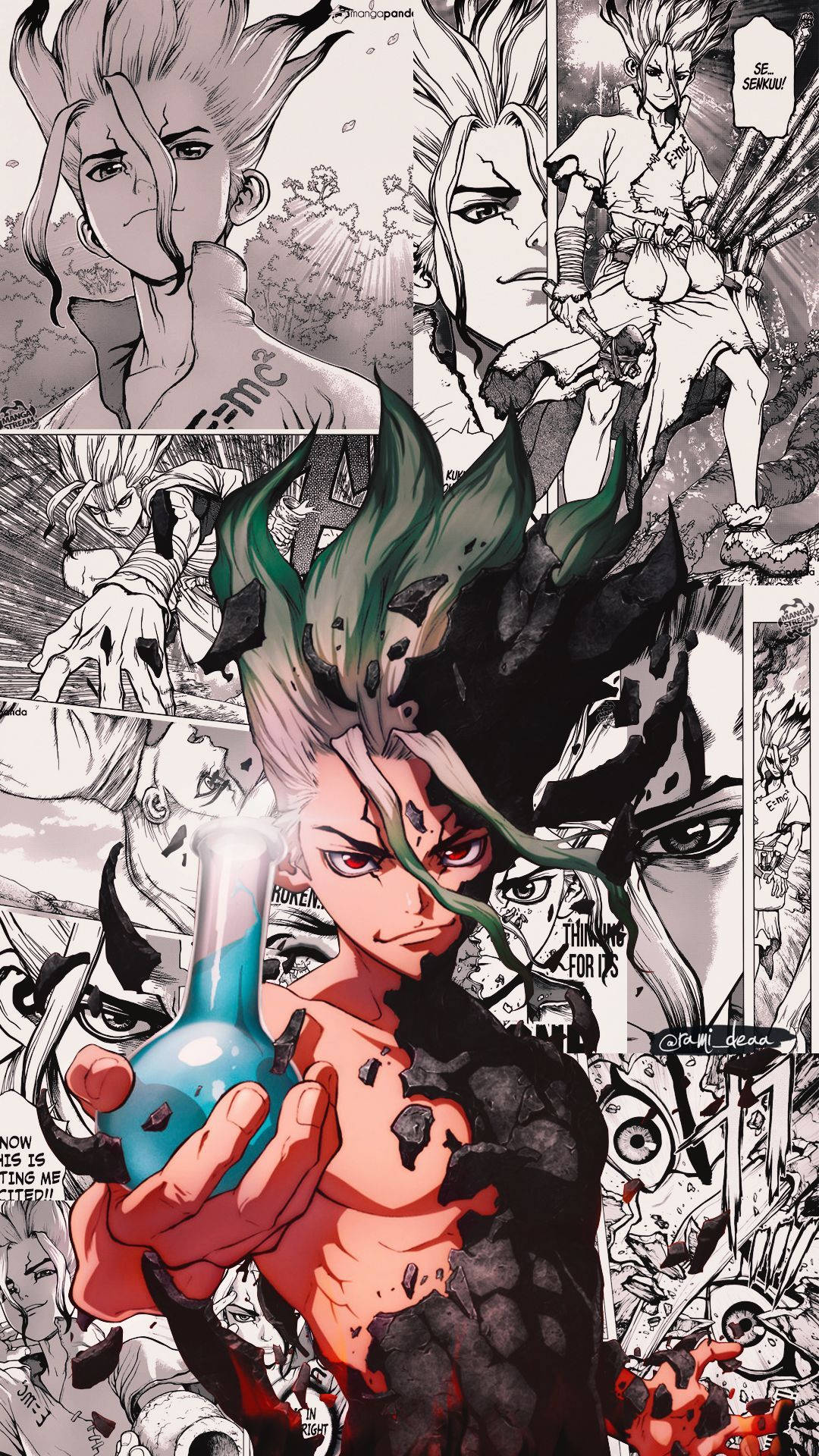 Dr.STONE 新石紀 桌布 壁紙 — 一個漫畫面板，有一個肌肉發達、頭髮尖刺的動漫角色，手持發光藍色藥水，周圍是漫畫書面板。