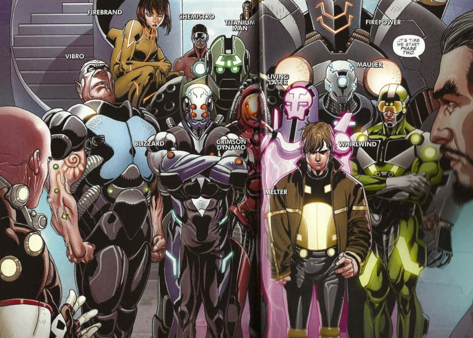Iron Man Villains 桌布 壁紙 — 一個漫畫面板，顯示一群穿著未來裝甲的超級英雄站在一起，他們上方標有名字。