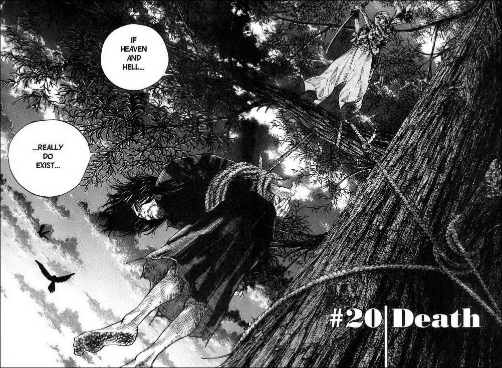 Vagabond 桌布 壁紙 — 一個漫畫面板顯示一個人物掛在樹上，而另一個站在森林上方，對話框問天堂和地獄是否存在。