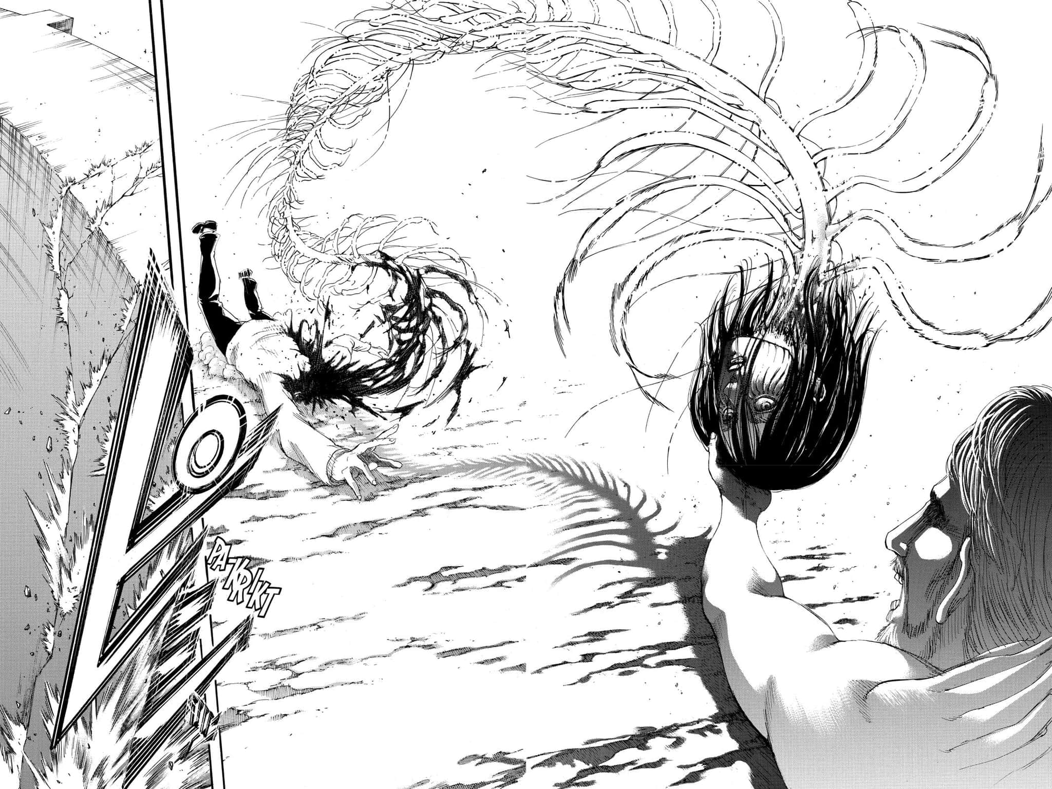 Aot Manga 桌布 壁紙 — 一個漫畫面板顯示一個巨人揮舞武器攻擊一個帶有狂野頭髮和動作線的墜落人物。