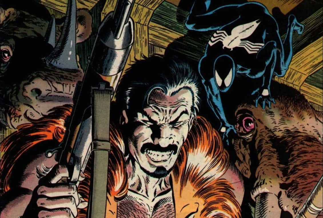 Kraven The Hunter 桌布 壁紙 — 一個漫畫面板顯示一個憤怒的男人拿著步槍，被怪異的生物和一隻黑色共生體蜘蛛包圍。
