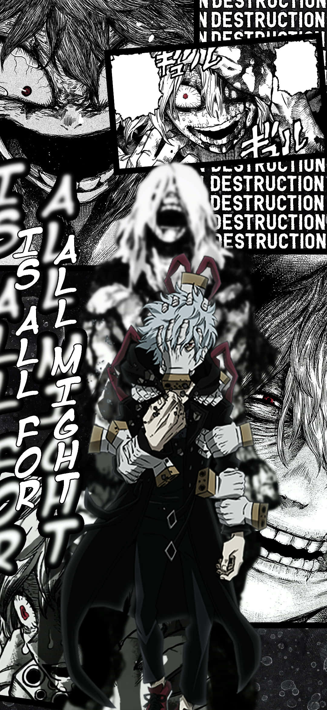 Tomura Shigaraki 桌布 壁紙 — 一個漫畫面板顯示一個白髮角色穿著深色外套，被尖叫的面孔和destruction這個詞包圍。