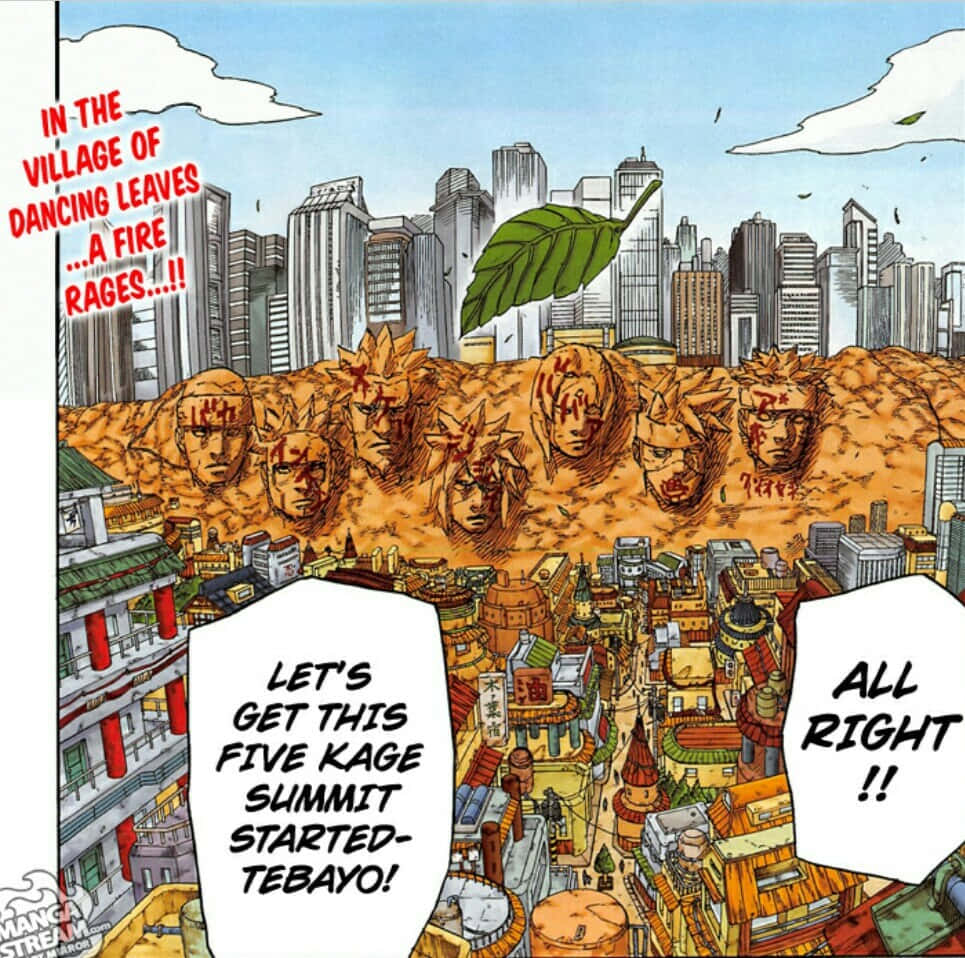 Naruto Village 桌布 壁紙 — 一個漫畫面板顯示五個影級頭顱從地面升起，上方是摩天大樓和傳統建築組成的城市景觀。