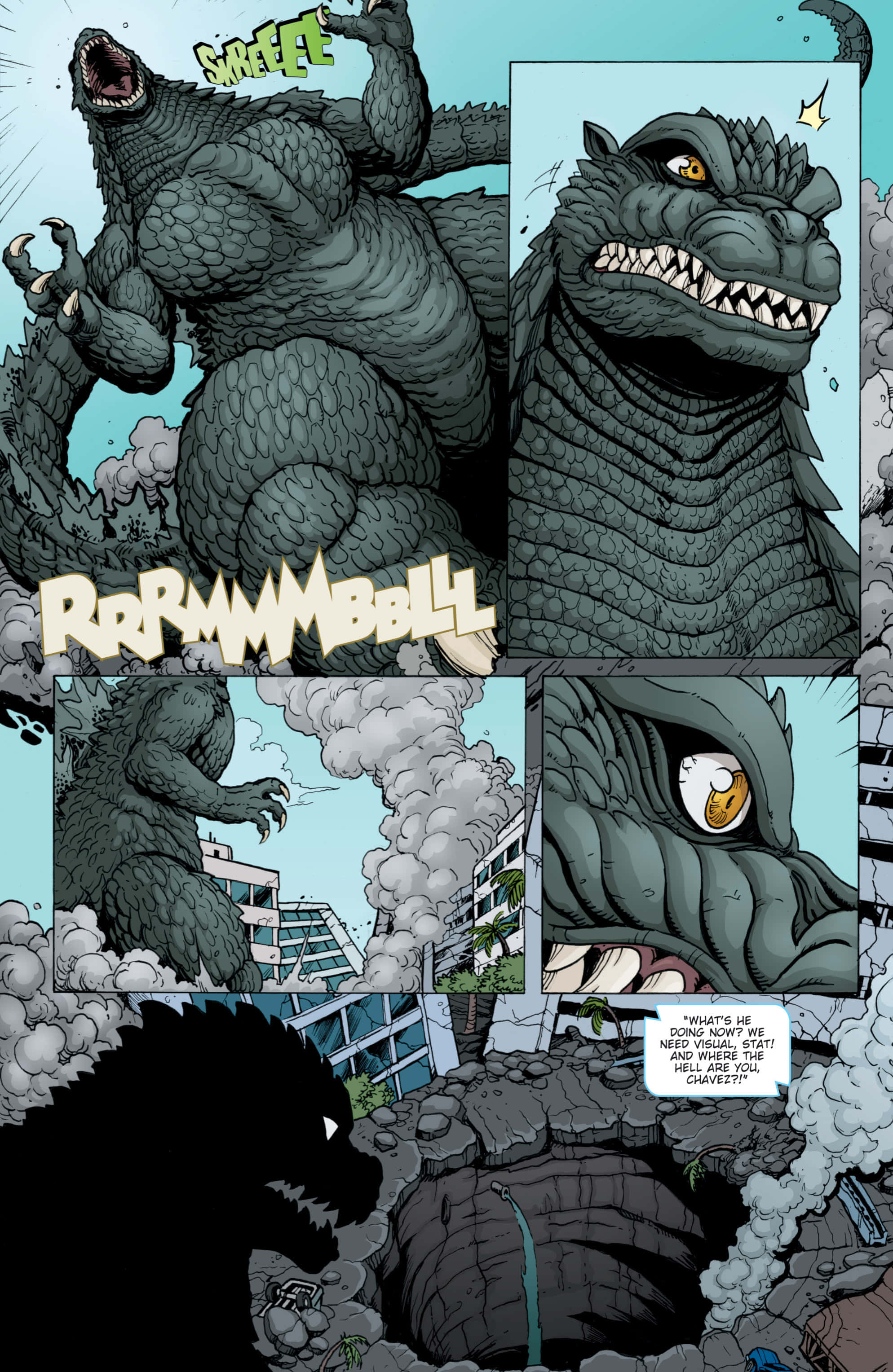Godzilla Earth 桌布 壁紙 — 一個漫畫面板顯示哥吉拉咆哮並摧毀城市，煙霧從廢墟建築中升起。
