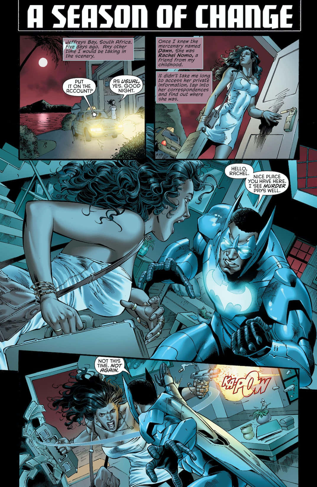 Batwing 桌布 壁紙 — 一個漫畫面板顯示蝙蝠俠在一個光線昏暗的房間裡與一位穿著藍色連衣裙的女子對峙，窗外可以看到月光照耀的海灣。