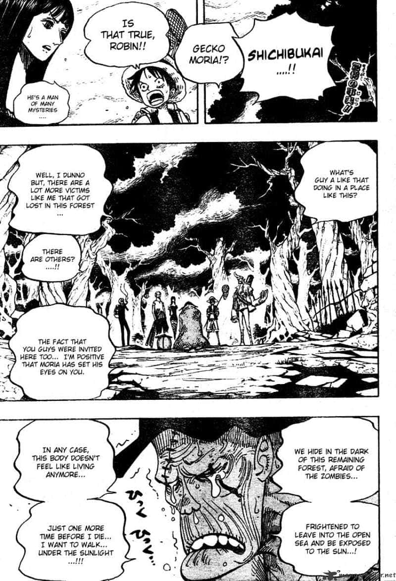 Thriller Bark 桌布 壁紙 — 一個漫畫面板顯示角色在黑暗森林中對一個有著怪物面孔和充滿對話的對話框的神秘人物作出反應。