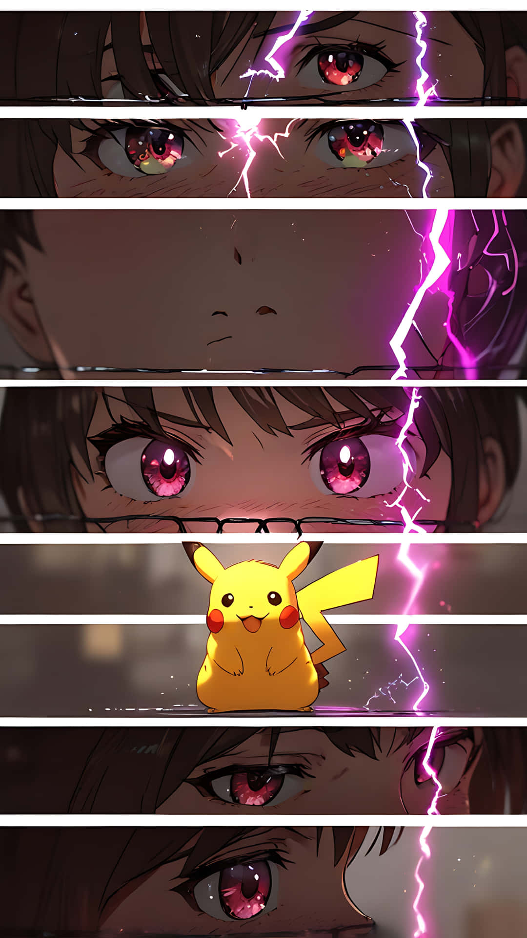Pikachu's Electric Charm. smartphone wallpaper 壁紙 — 一個漫畫風格的動漫女孩，擁有發光的紅色眼睛和紫色閃電在她周圍劈啪作響，而一隻黃色的皮卡丘靜靜地坐在下面。