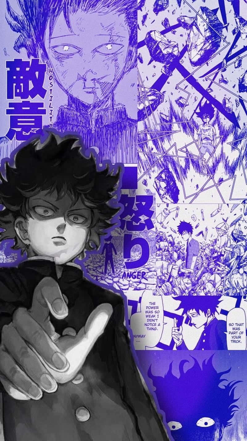 動漫 桌布 壁紙 — 一個漫畫風格的動漫角色，在紫色背景的漫畫格中，以強烈的表情向前指，顯示憤怒和敵意。