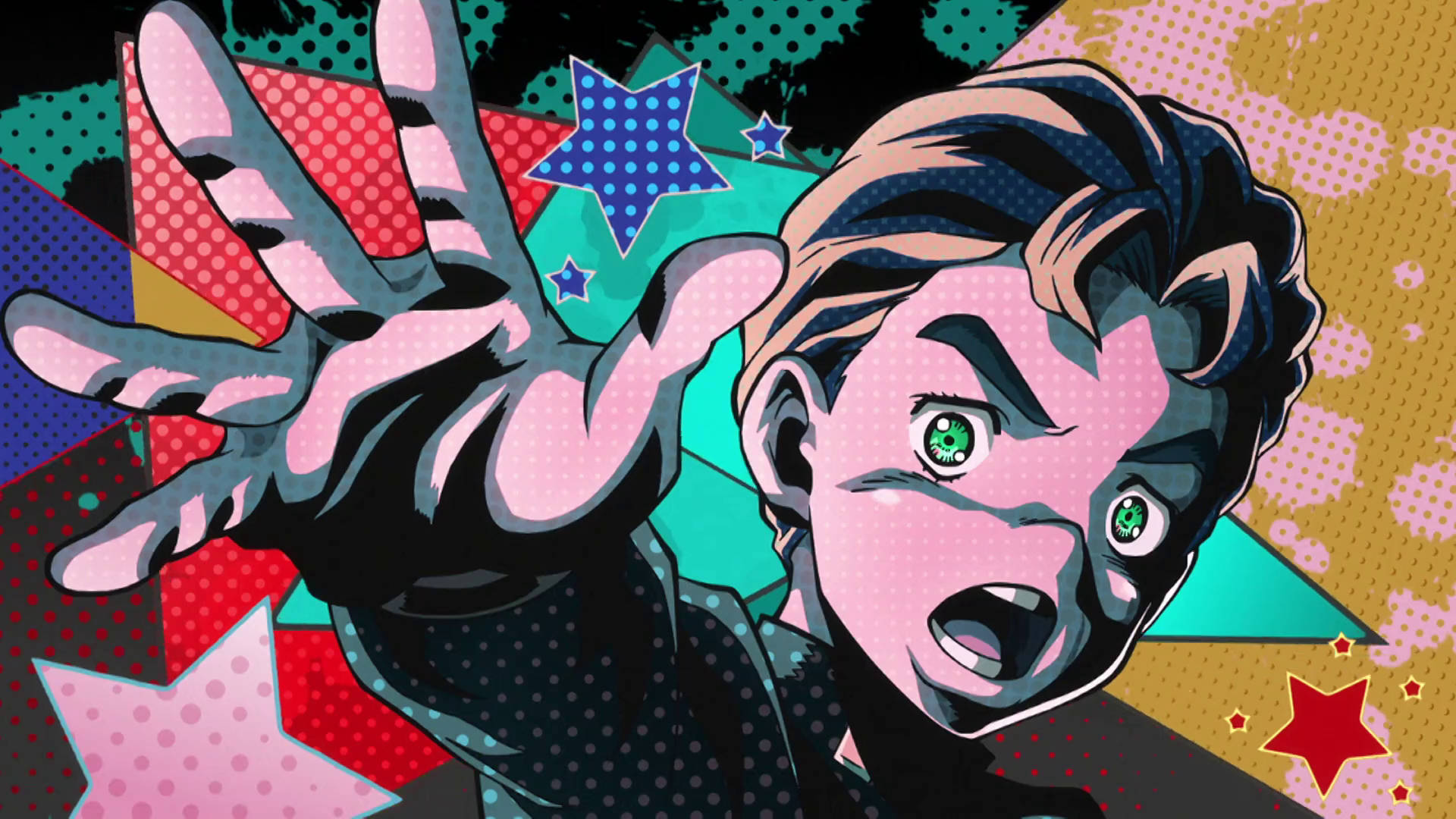 jojo 4K 桌布 壁紙 — 一個漫畫風格的動漫角色，擁有綠色眼睛和震驚的表情，在充滿星星和幾何形狀的鮮豔普普藝術背景前伸出手。