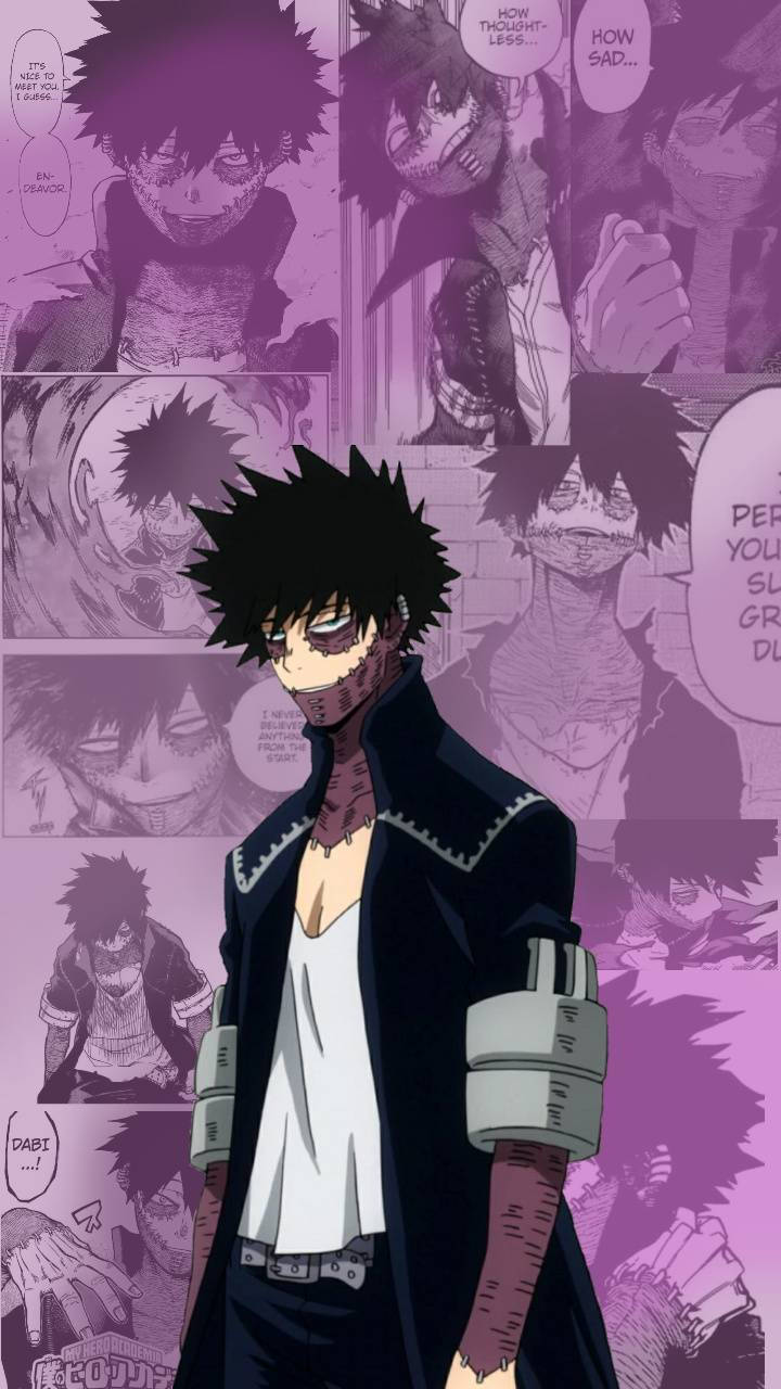 Dabi Aesthetic 桌布 壁紙 — 一個漫畫風格的動漫角色，有著刺刺的黑髮和面具，站在紫色漫畫面板拼貼畫前。