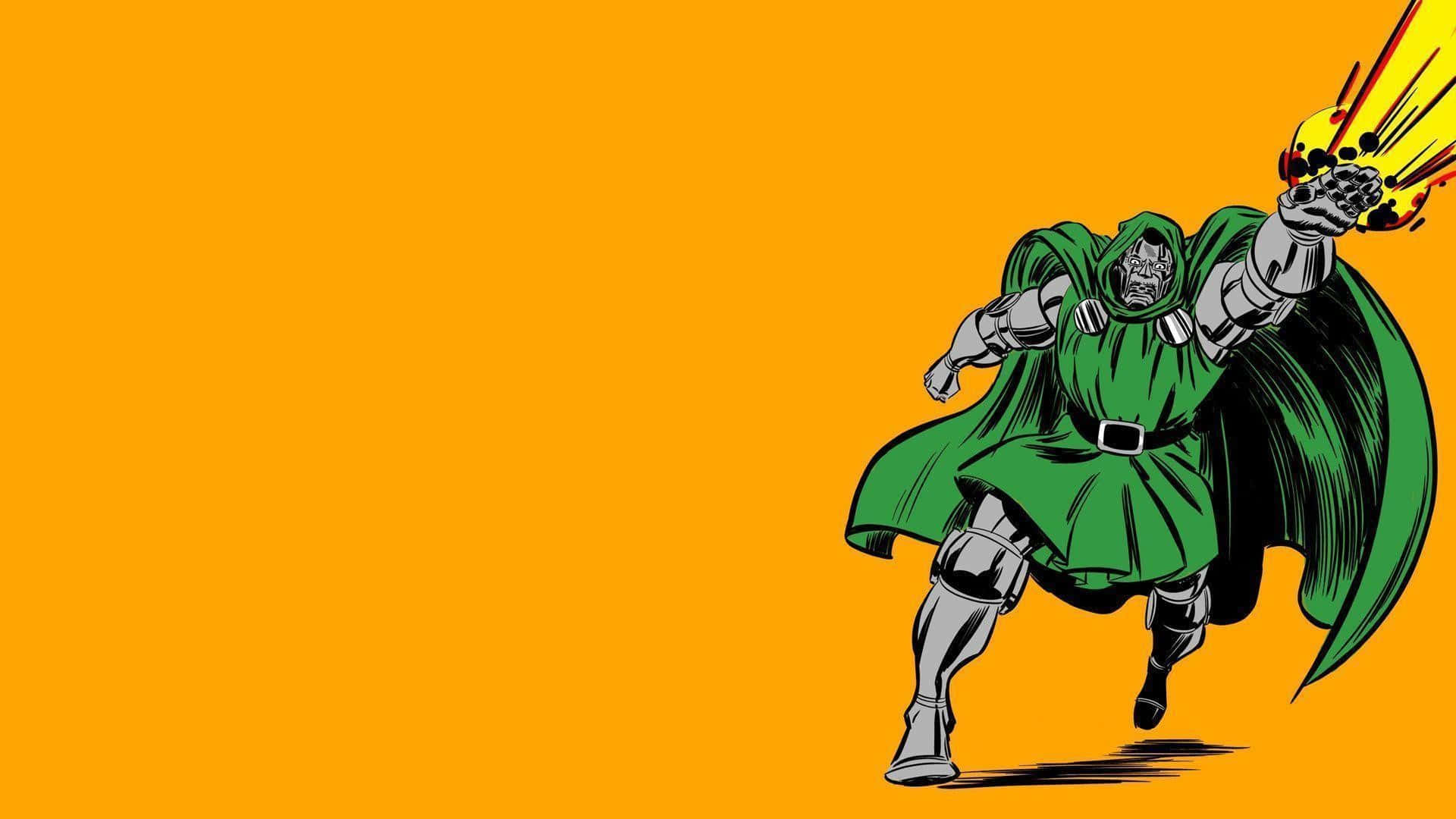 1920x1080 Doom 桌布 壁紙 — 一個漫畫風格的惡棍，身穿綠色斗篷和銀色盔甲，在純橙色背景上發射黃色能量爆炸。