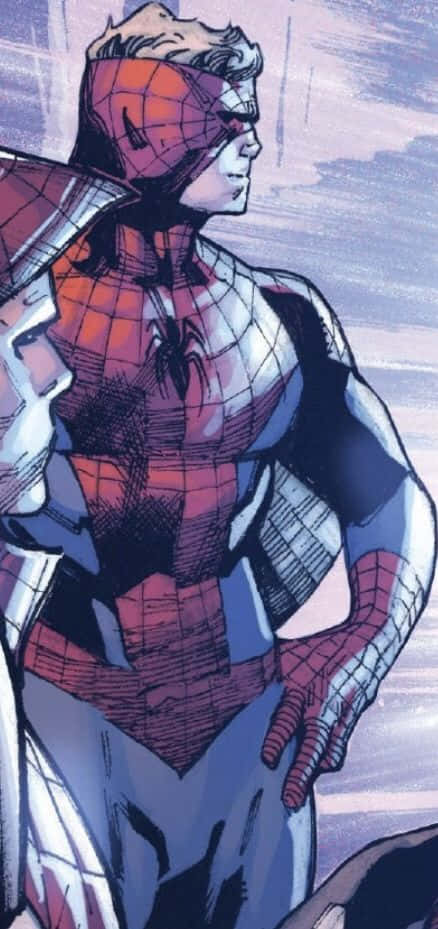 Flash Thompson 桌布 壁紙 — 一個漫畫風格的超級英雄，身穿紅、藍、白三色服裝，帶有蜘蛛標誌，自信地站在紫色天空前。