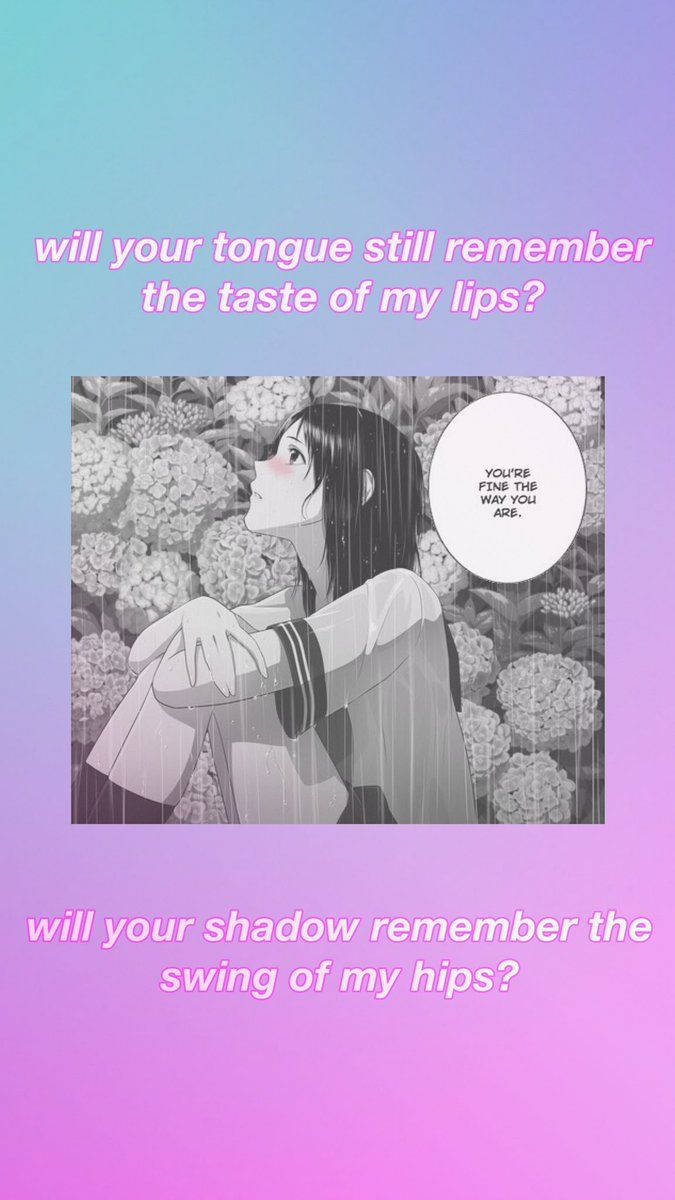 joji 桌布 壁紙 — 一個漫畫風格的長黑髮女孩坐在雨中，周圍是繡球花，她的臉向上傾斜，帶有紅暈，被柔和的粉紅色和藍色漸變文字框住。
