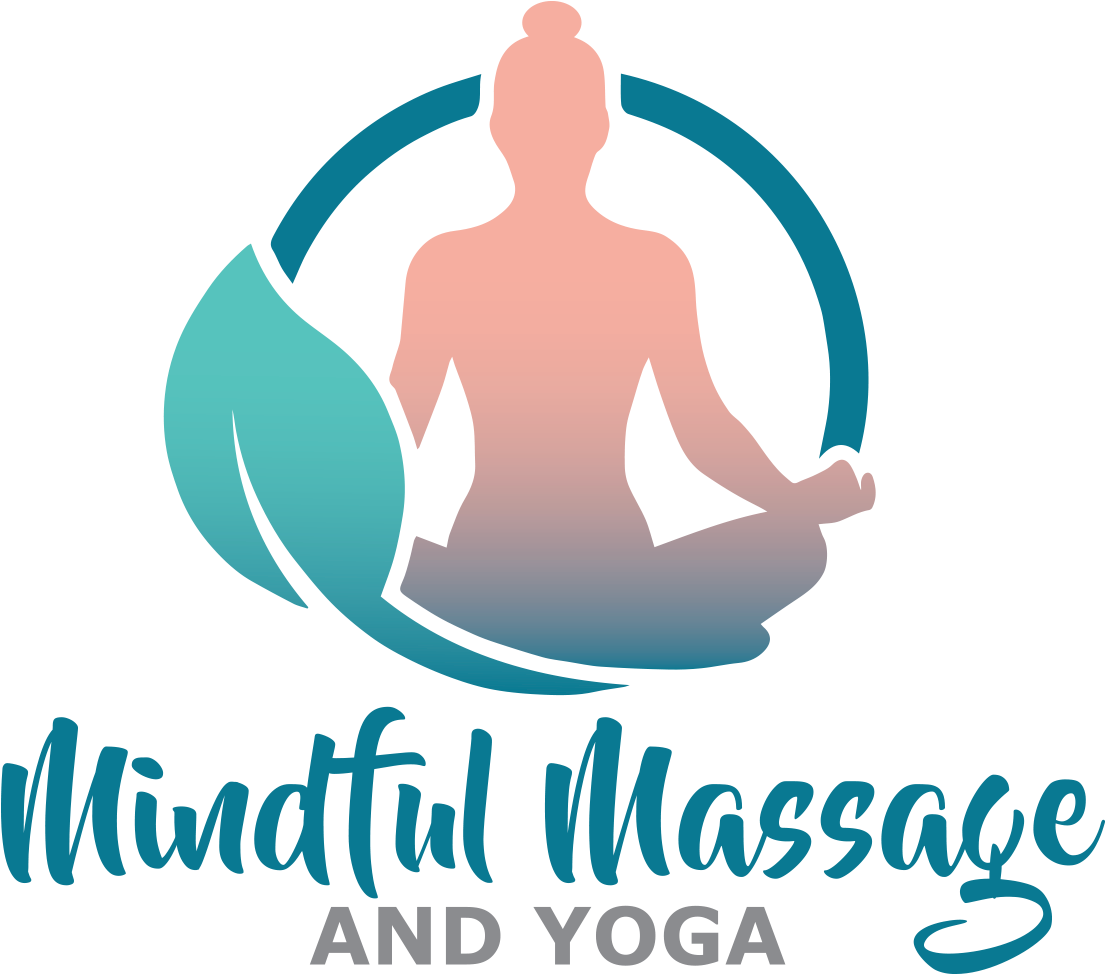 Massage 桌布 壁紙 — 一個漸層剪影，描繪一位以蓮花坐姿冥想的人，被一片青綠色葉子環繞，背景為黑色，並帶有「Mindful Massage AND YOGA」文字。