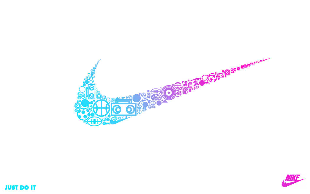 Nike iPhone 桌布 壁紙 — 一個漸變的Nike勾號，充滿運動圖標，從藍色過渡到粉紅色，背景為白色。
