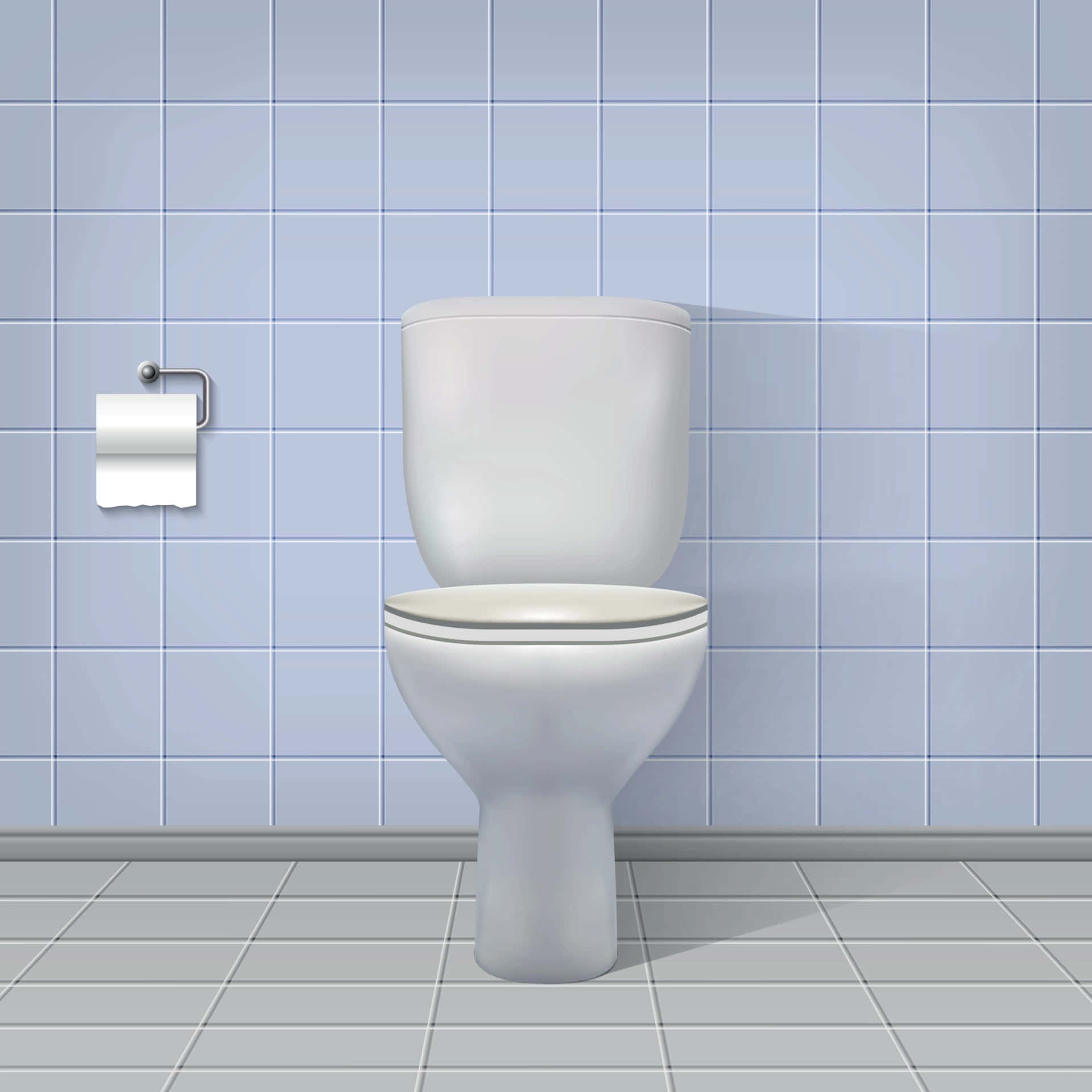Toilet 桌布 壁紙 — 一個潔白無瑕的馬桶位於乾淨的浴室中央，浴室配有淺藍色磁磚牆壁和灰色磁磚地板。