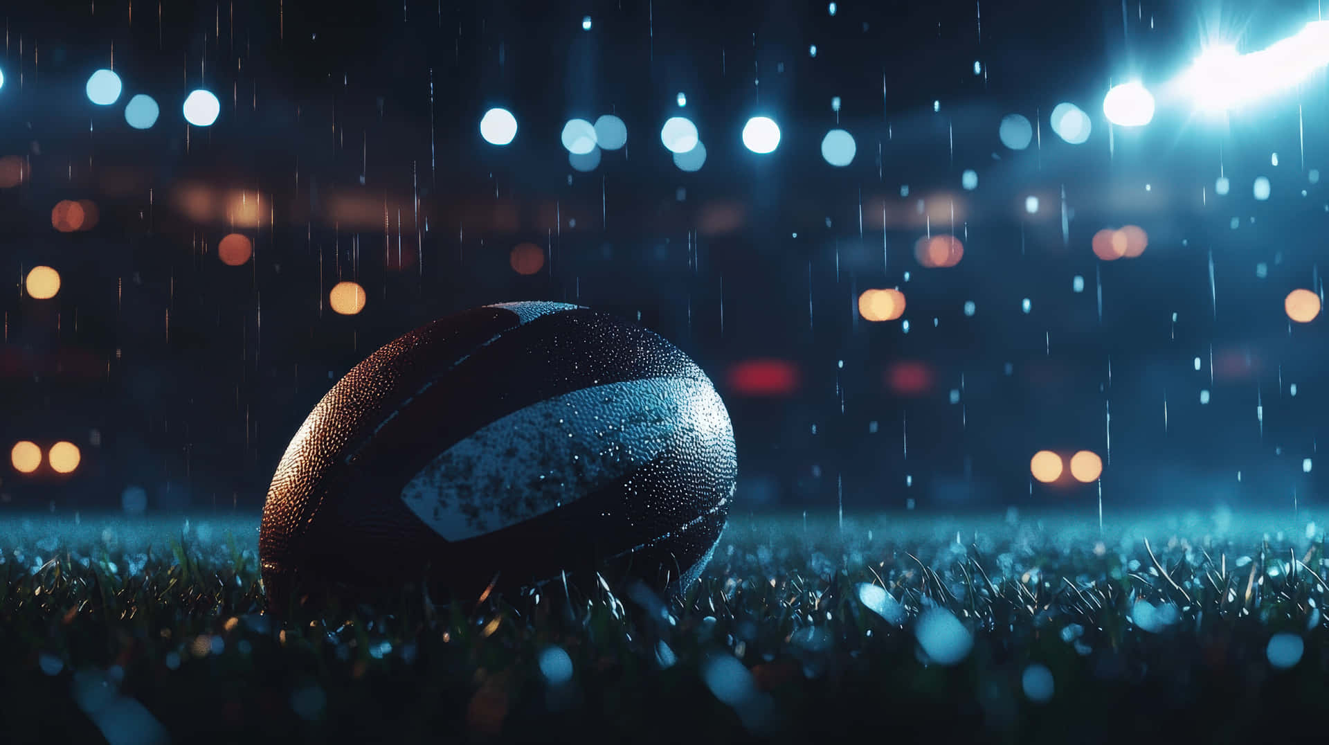 A close-up of a wet football resting on a grass field under bright stadium lights in the rain 壁紙 — 一個潮濕的美式足球在雨夜中放在草地上，背景有球場燈光和發光散景。