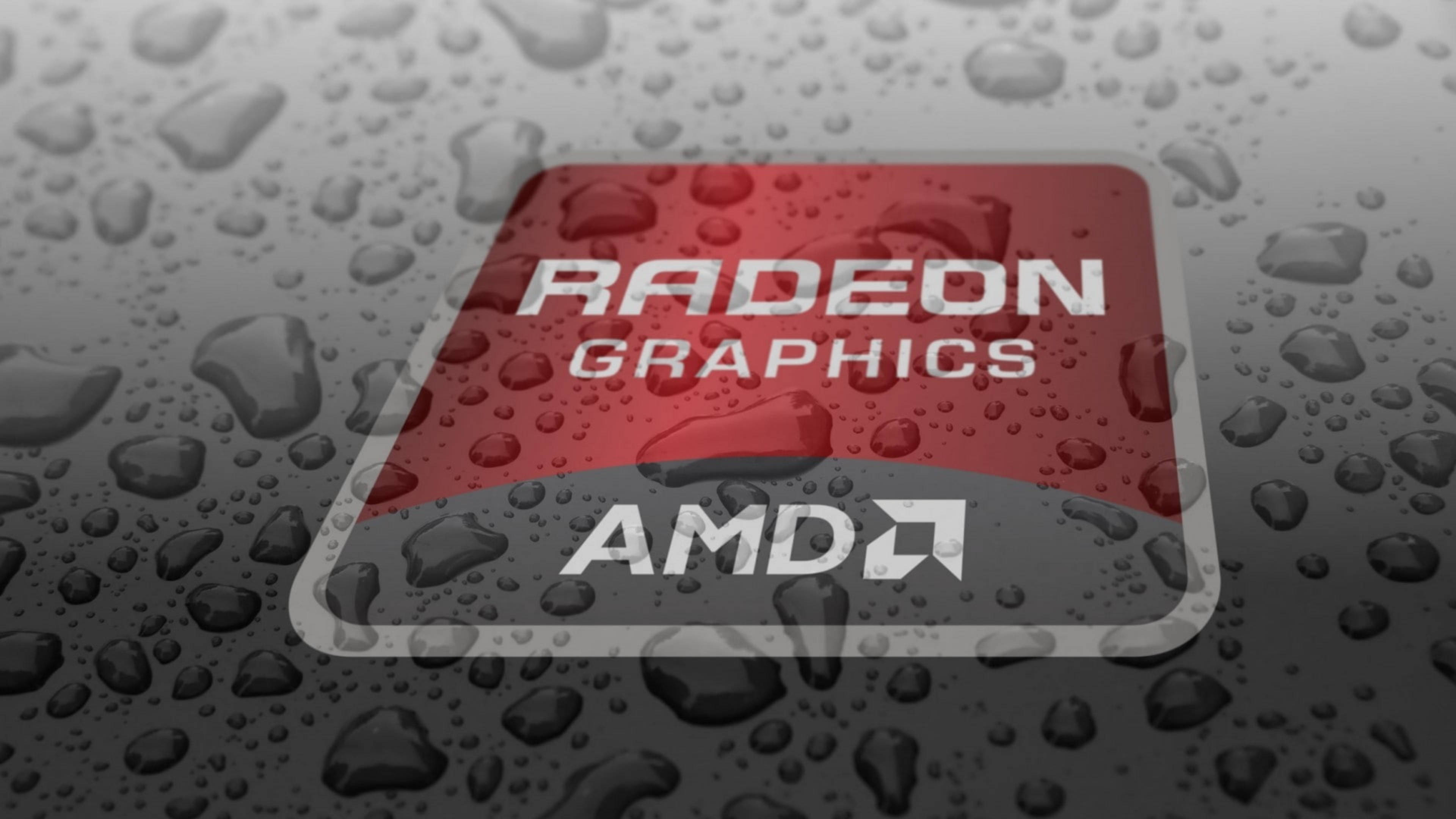 Radeon Graphics AMD 標誌在帶有水珠的潮濕光澤表面上。 — 4K 壁紙