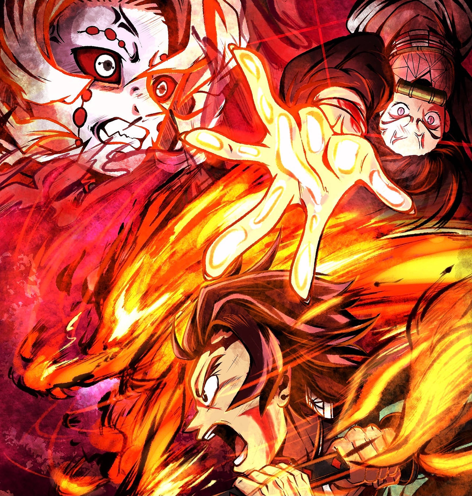 Kagura 桌布 壁紙 — 一個激烈的動漫戰鬥場景，戰士在動態、爆炸性的構圖中向惡魔敵人釋放火焰。
