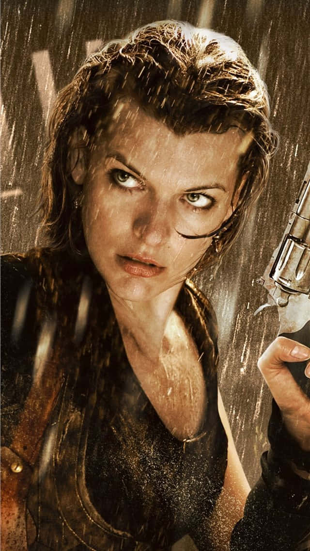 Resident Evil iPhone 桌布 壁紙 — 一個濕髮的兇猛女人在暴雨中手持左輪手槍，呈現 gritty 的特寫鏡頭。