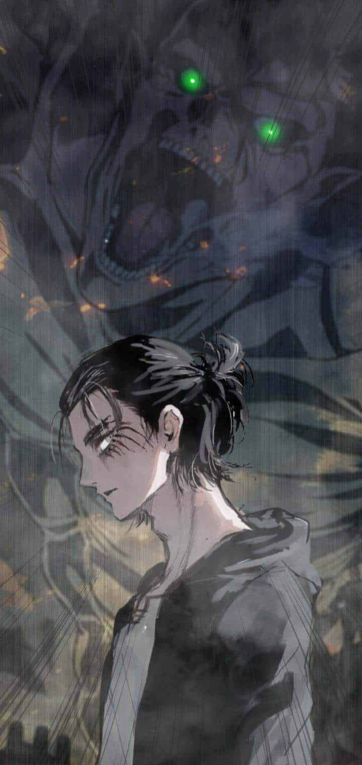 進擊的巨人 桌布 壁紙 — 一個濕髮的年輕男子低頭看著，一個發著綠光的巨人出現在他身後，場景陰暗多雨。