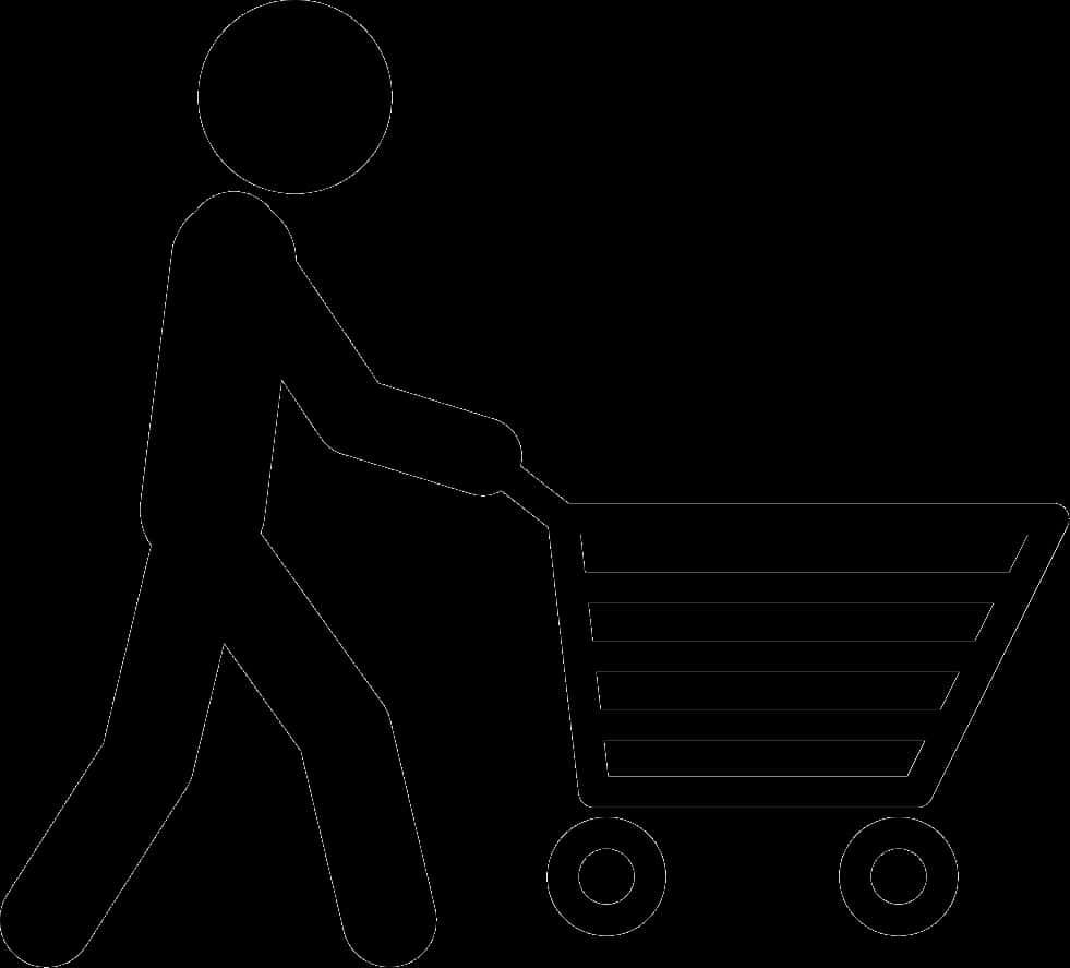 Shopping Cart 桌布 壁紙 — 一個火柴人推著購物車的極簡白色線條畫，背景為黑色。