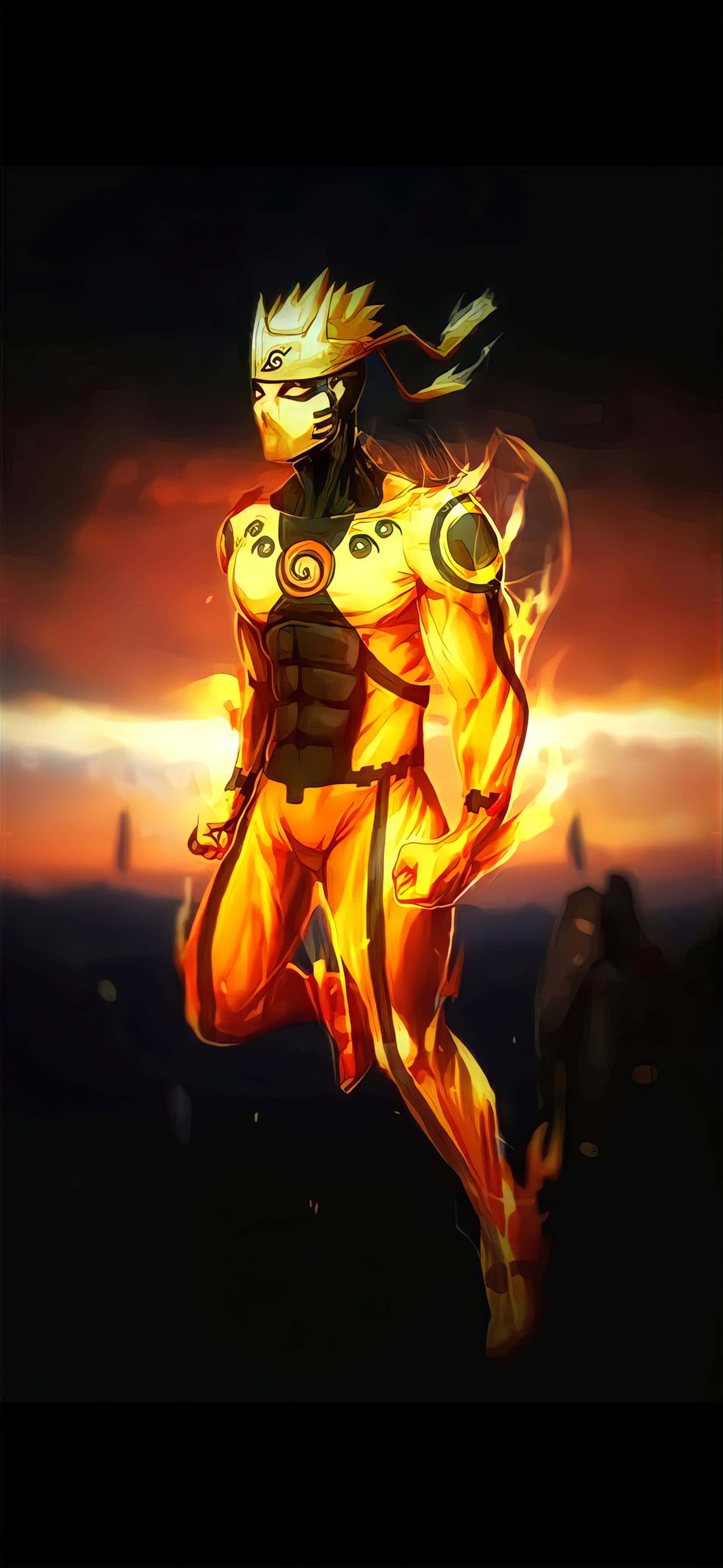Naruto Fire 桌布 壁紙 — 一個火橙色、頭髮尖刺、查克拉發光的忍者，在戲劇性的日落天空下動態地站立。