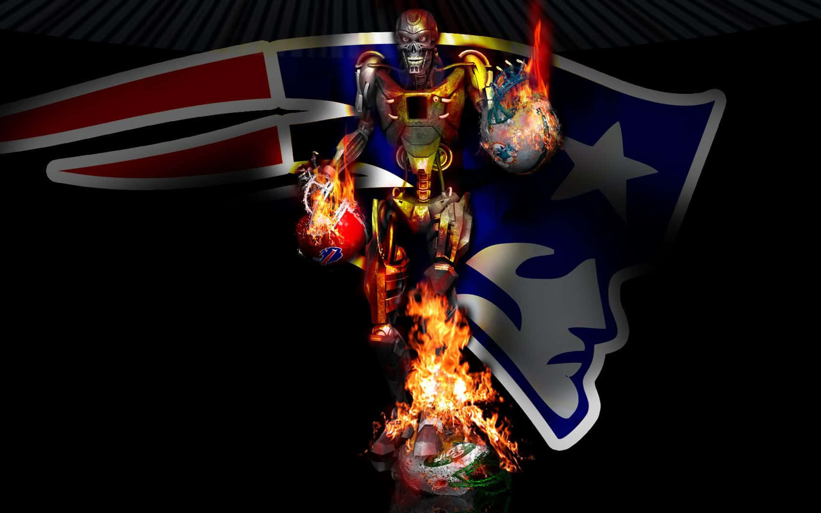 Patriots 桌布 壁紙 — 一個火焰中的終結者站在燃燒的足球之間，背景為深色並帶有新英格蘭愛國者隊標誌。