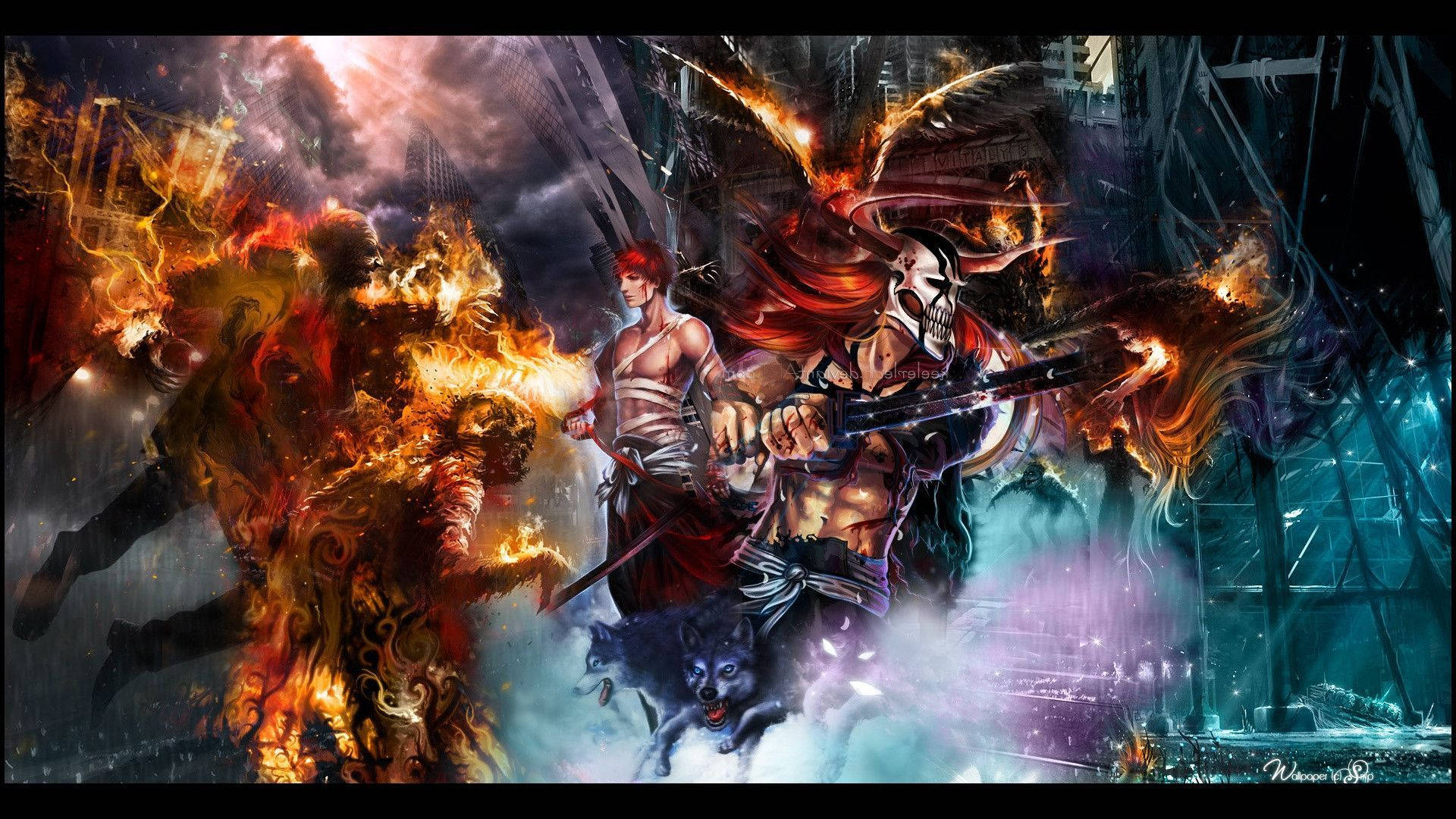 死神 桌布 壁紙 — 一個火焰惡魔與一個戰士及其骷髏臉同伴和一隻狼在破碎的城市廢墟中戰鬥。