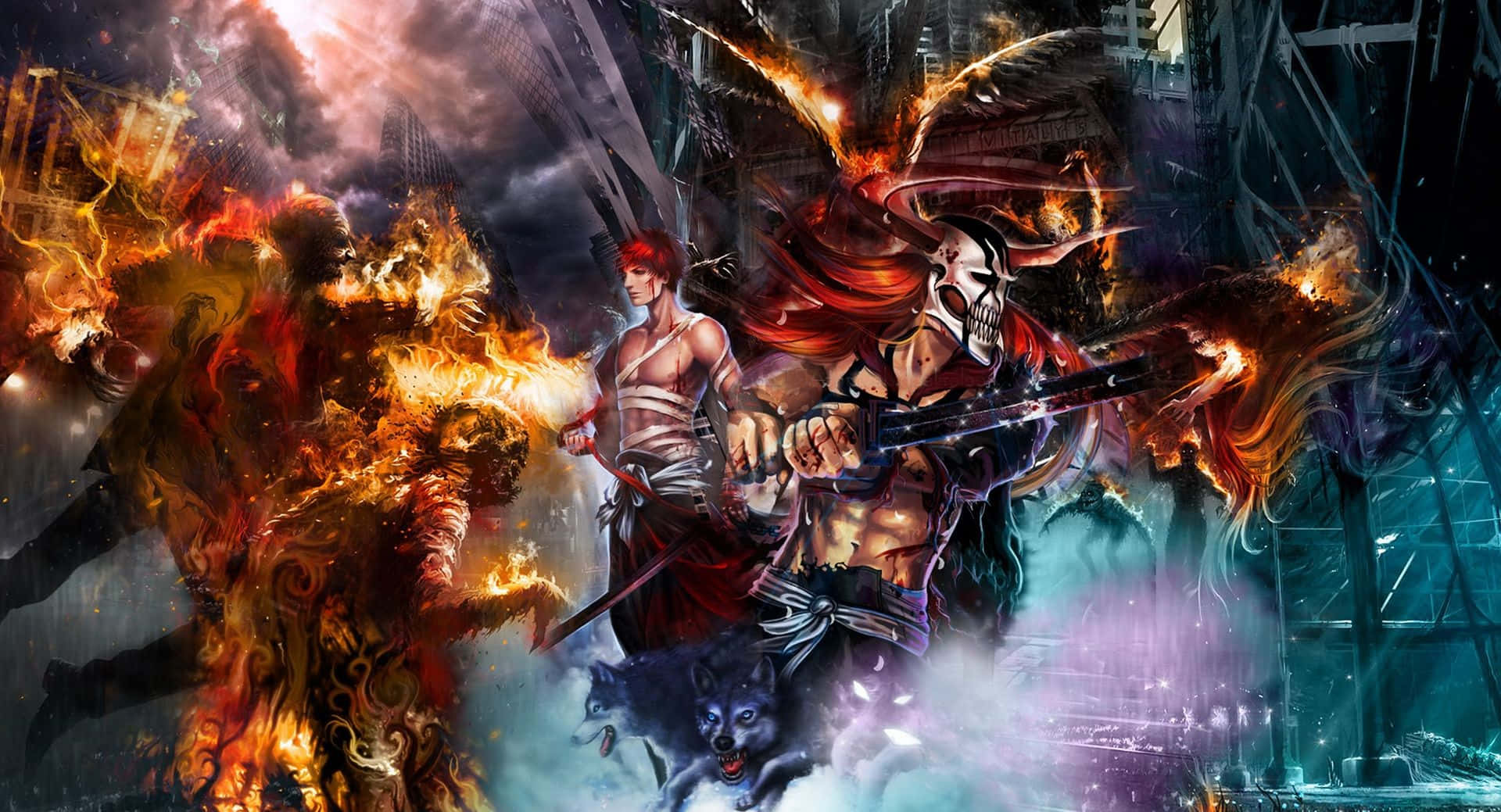 死神 桌布 壁紙 — 一個火焰惡魔與一個戴面具的戰士和狼在風暴天空下破碎的城市戰場上戰鬥。