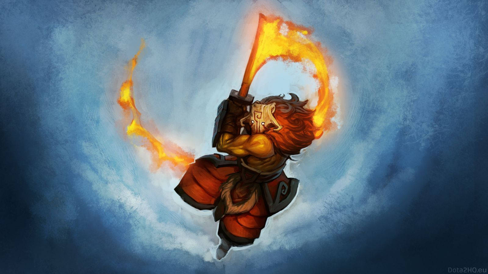 Juggernaut 桌布 壁紙 — 一個火焰戰士手持烈焰斧頭，在旋轉的藍天中翱翔，散發出強烈的能量和力量。