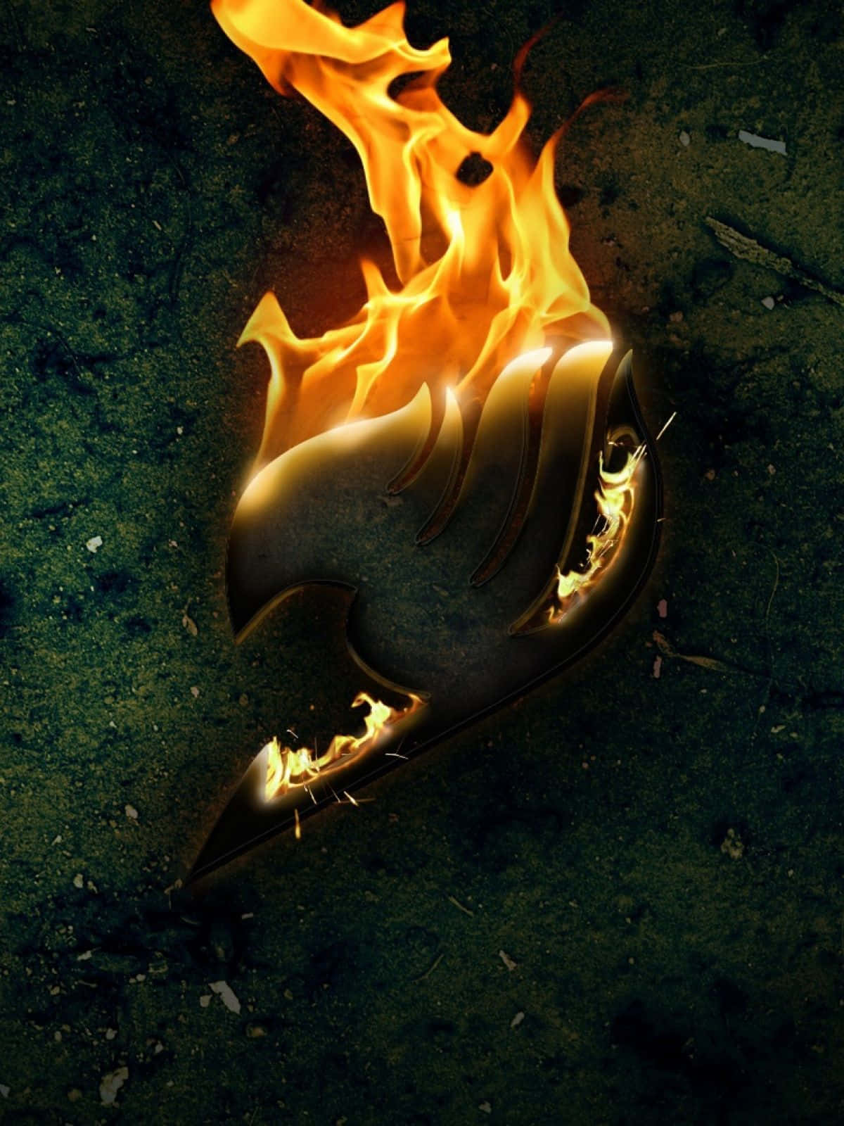 Flame 桌布 壁紙 — 一個火焰狀的金屬徽章，形狀像一隻風格化的鳥，停留在黑暗的土地上，生動的橙色火焰舔舐著它的邊緣。