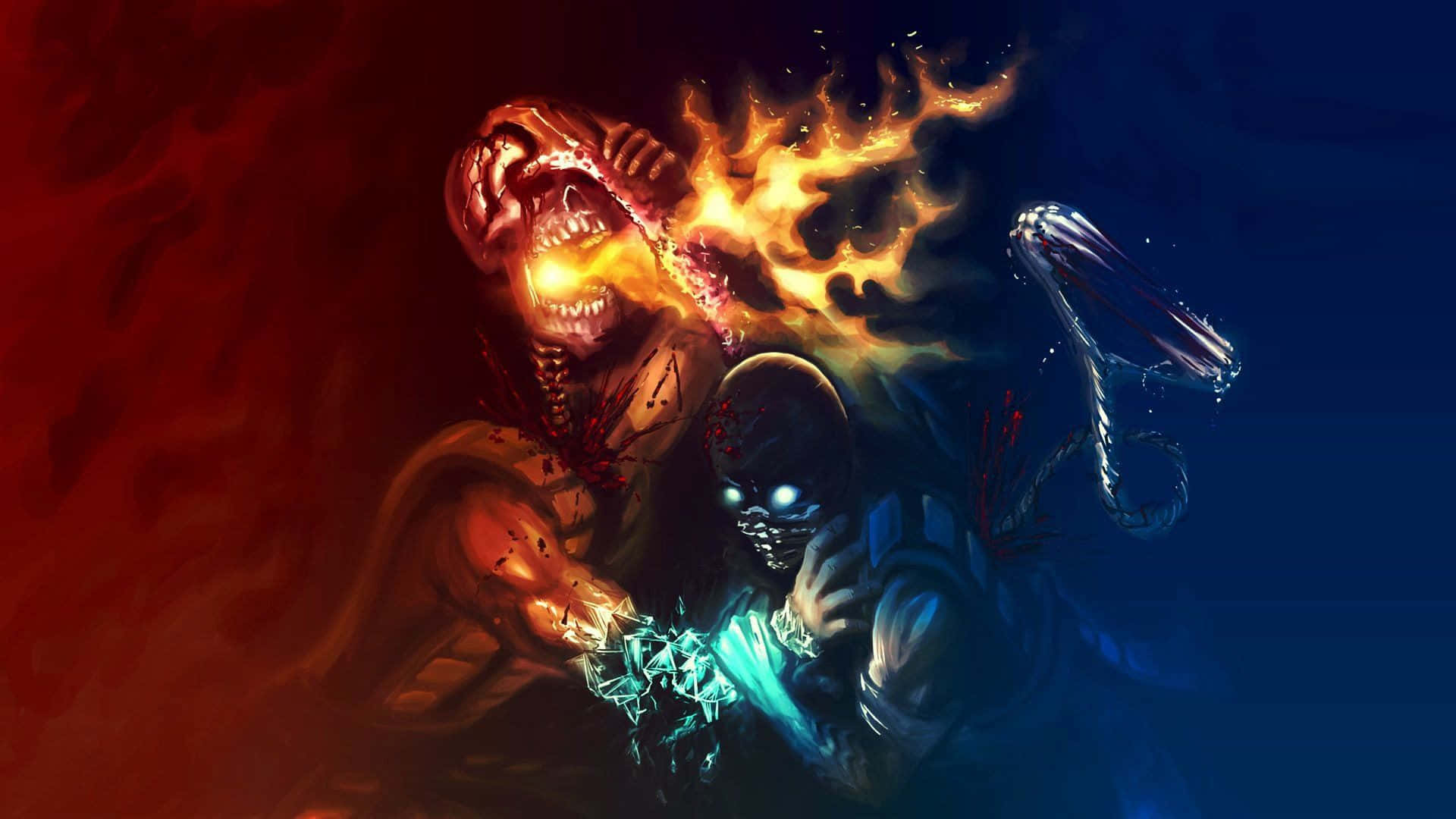 Mortal Kombat Sub-zero 桌布 壁紙 — 一個火焰般的惡魔生物在黑暗的戰鬥中咆哮，與一個手持發光武器的藍皮膚戰士交鋒。