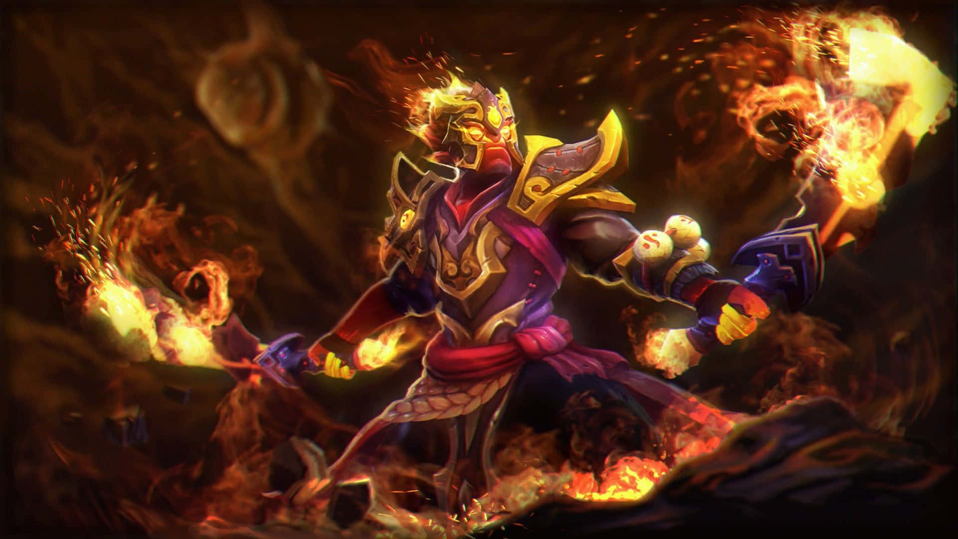 1920x1080 Dota 2 桌布 壁紙 — 一個火焰裝甲戰士，擁有火焰般的頭髮和發光的拳頭，在旋轉的火焰和煙霧中戰鬥，場景黑暗而激烈。