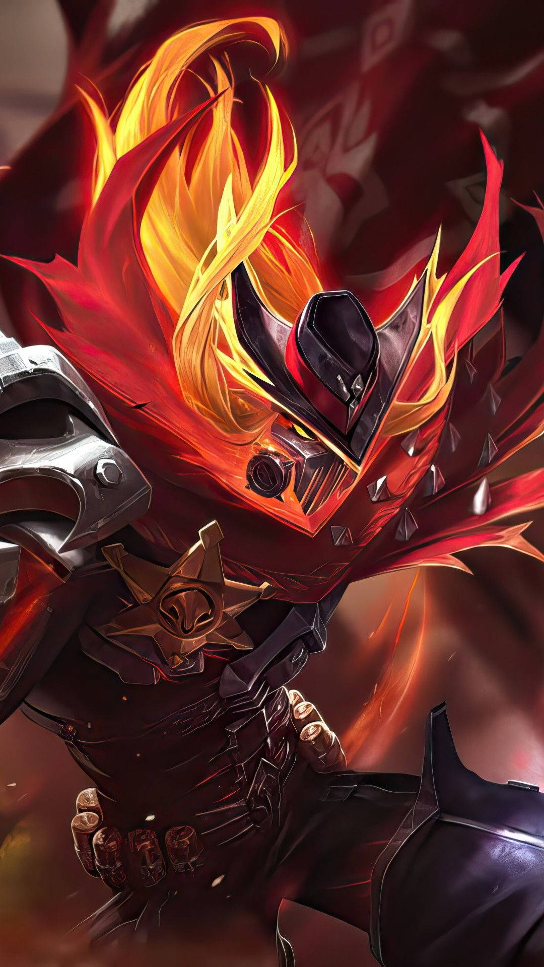 Mobile Legends 動態圖 桌布 壁紙 — 一個火焰裝甲戰士，擁有發光的橙色頭髮和從頭盔噴出的紅色火焰，擺出動態戰鬥姿勢。