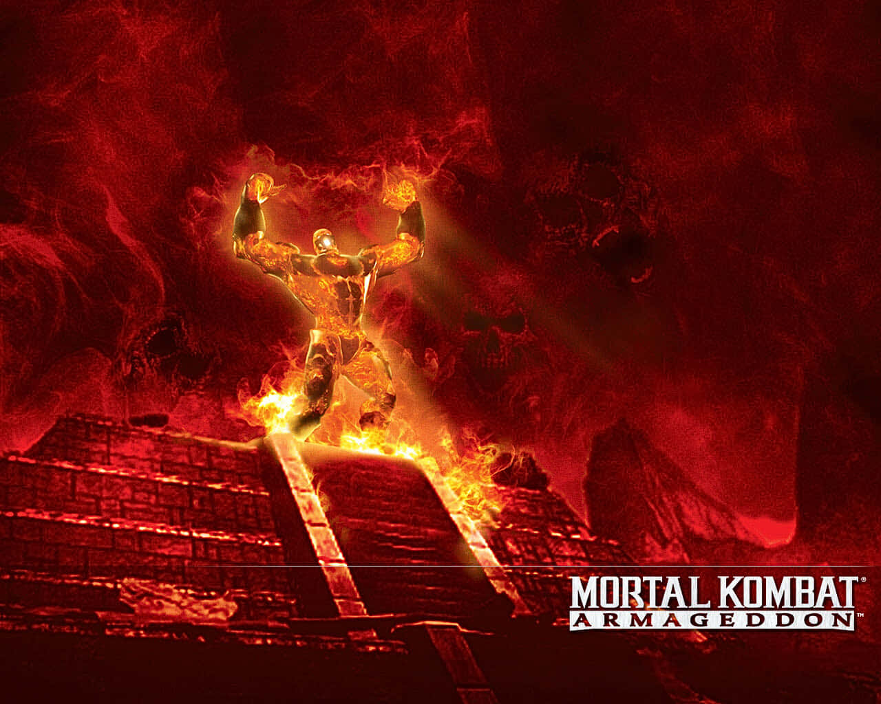 Mortal Kombat Armageddon 桌布 壁紙 — 一個火焰裝甲戰士勝利地站在地獄般紅色景觀中的燃燒樓梯頂端。