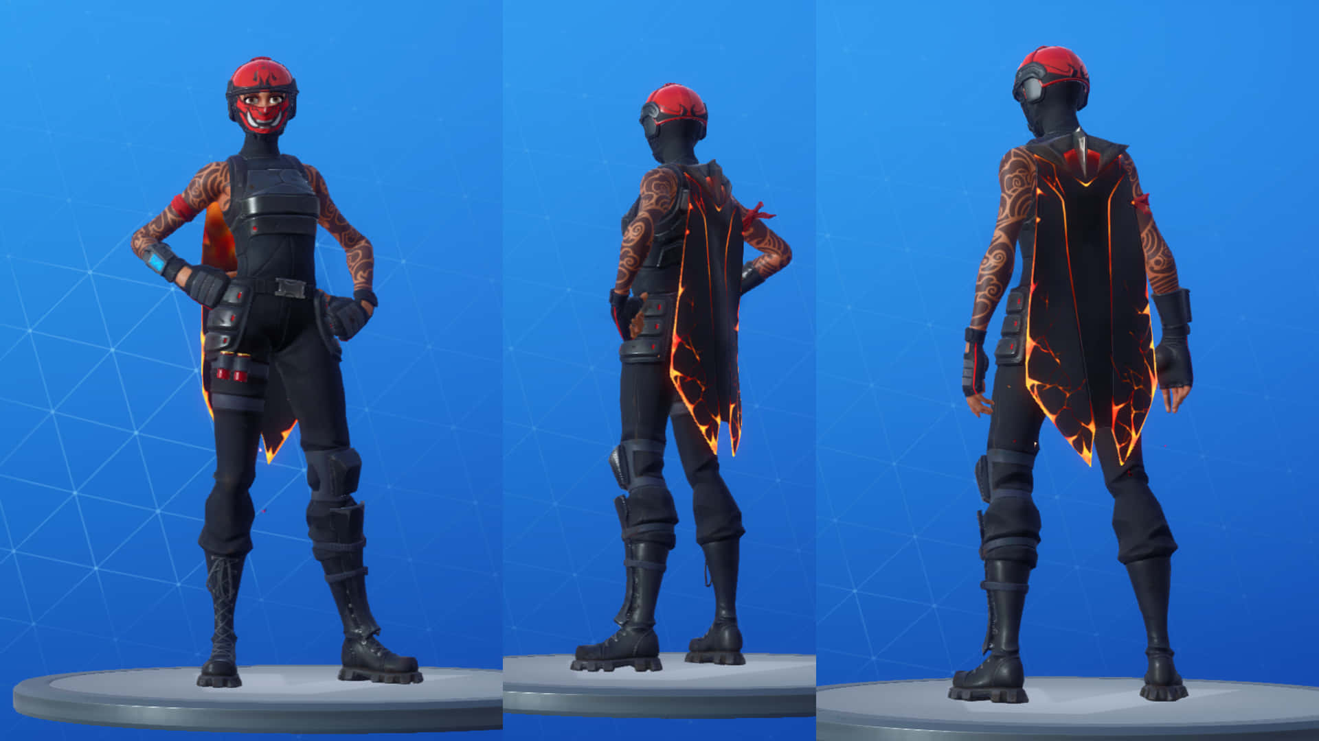 Fortnite Manic Skin 桌布 壁紙 — 一個火焰裝甲角色從三個角度顯示在藍色網格背景上。