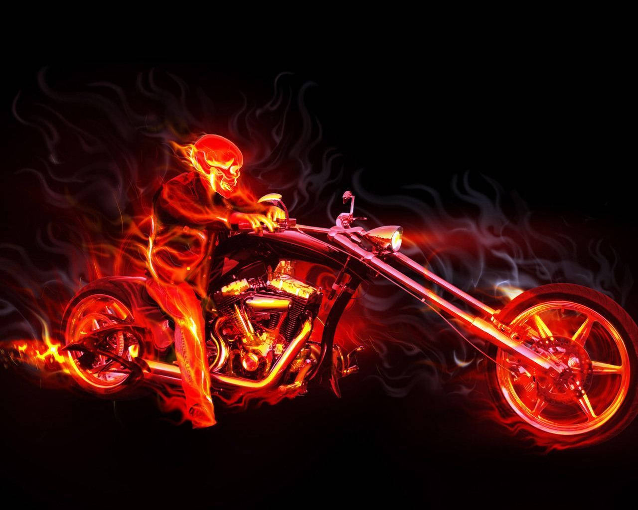 火焰骷髏騎著一輛訂製的chopper機車，帶有發光的紅色火焰。 — 鬼 Rider 壁紙