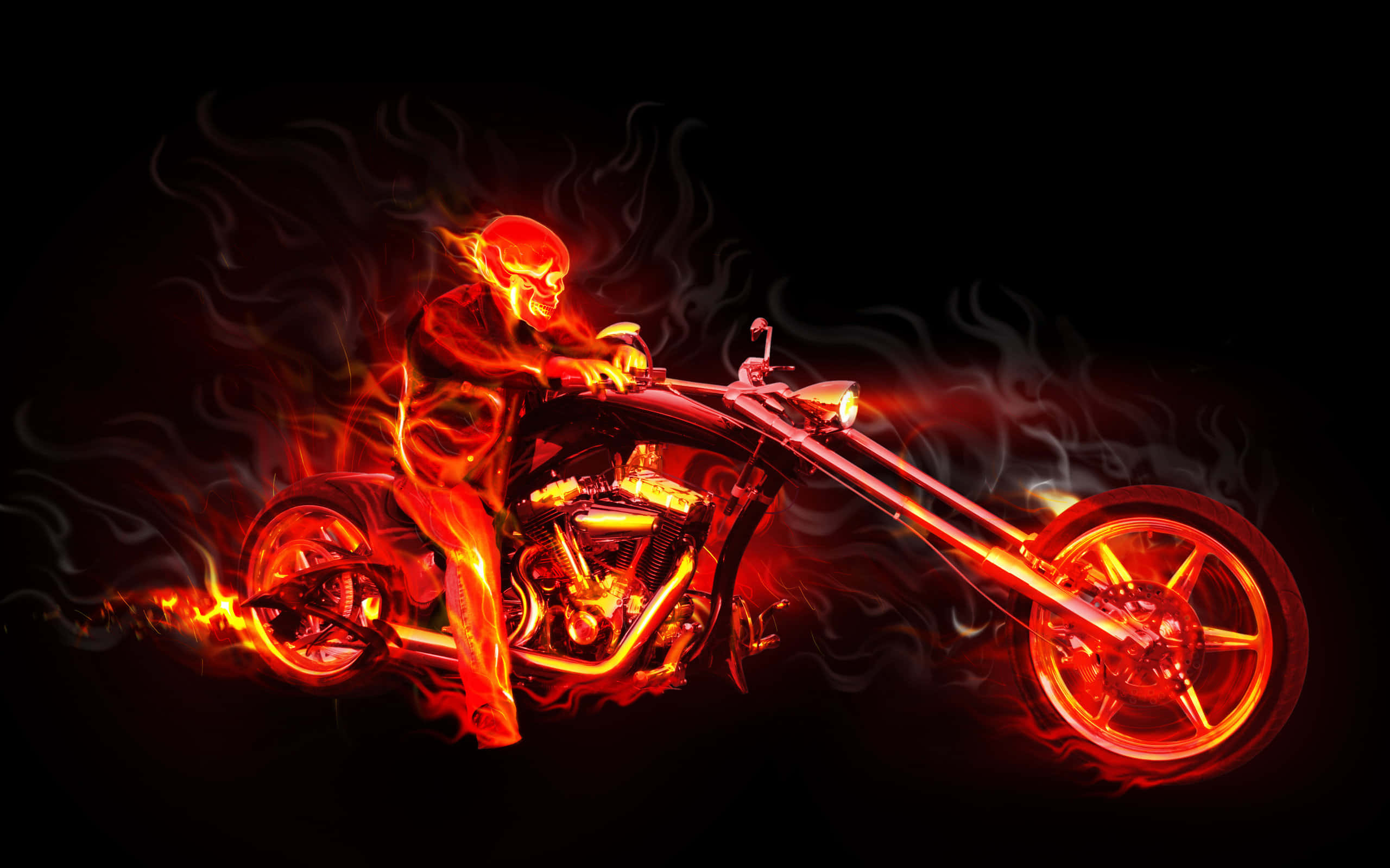 Flame 桌布 壁紙 — 一個火焰骷髏騎士騎著定製的chopper摩托車，發出橙色火焰和煙霧，背景是黑色。
