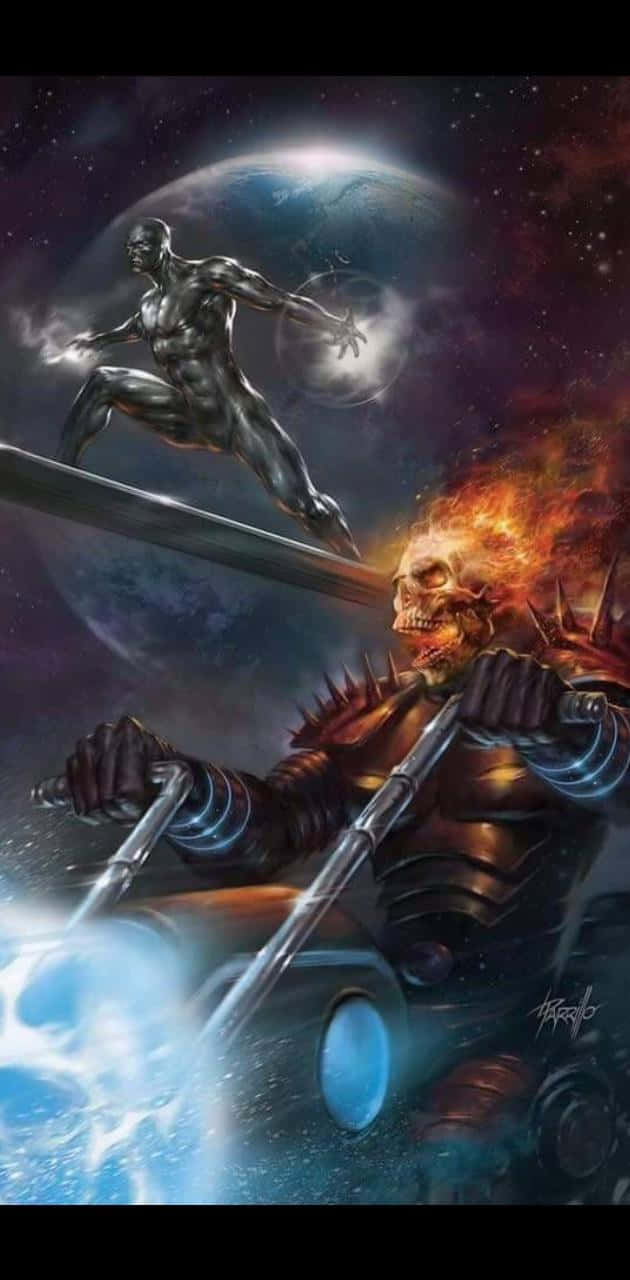  壁紙 — 一個火焰骷髏騎士騎著摩托車在太空飛馳，而一個銀色超級英雄跳過一顆行星。