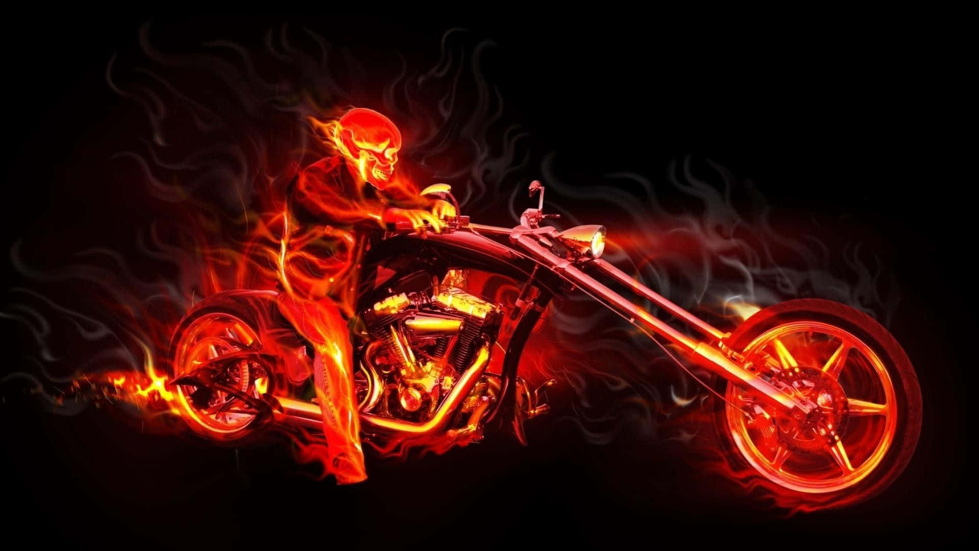 Flame 桌布 壁紙 — 一個火焰骷髏騎士騎著訂製的chopper摩托車，車身散發著熾熱的紅橙色火焰，背景為黑色。