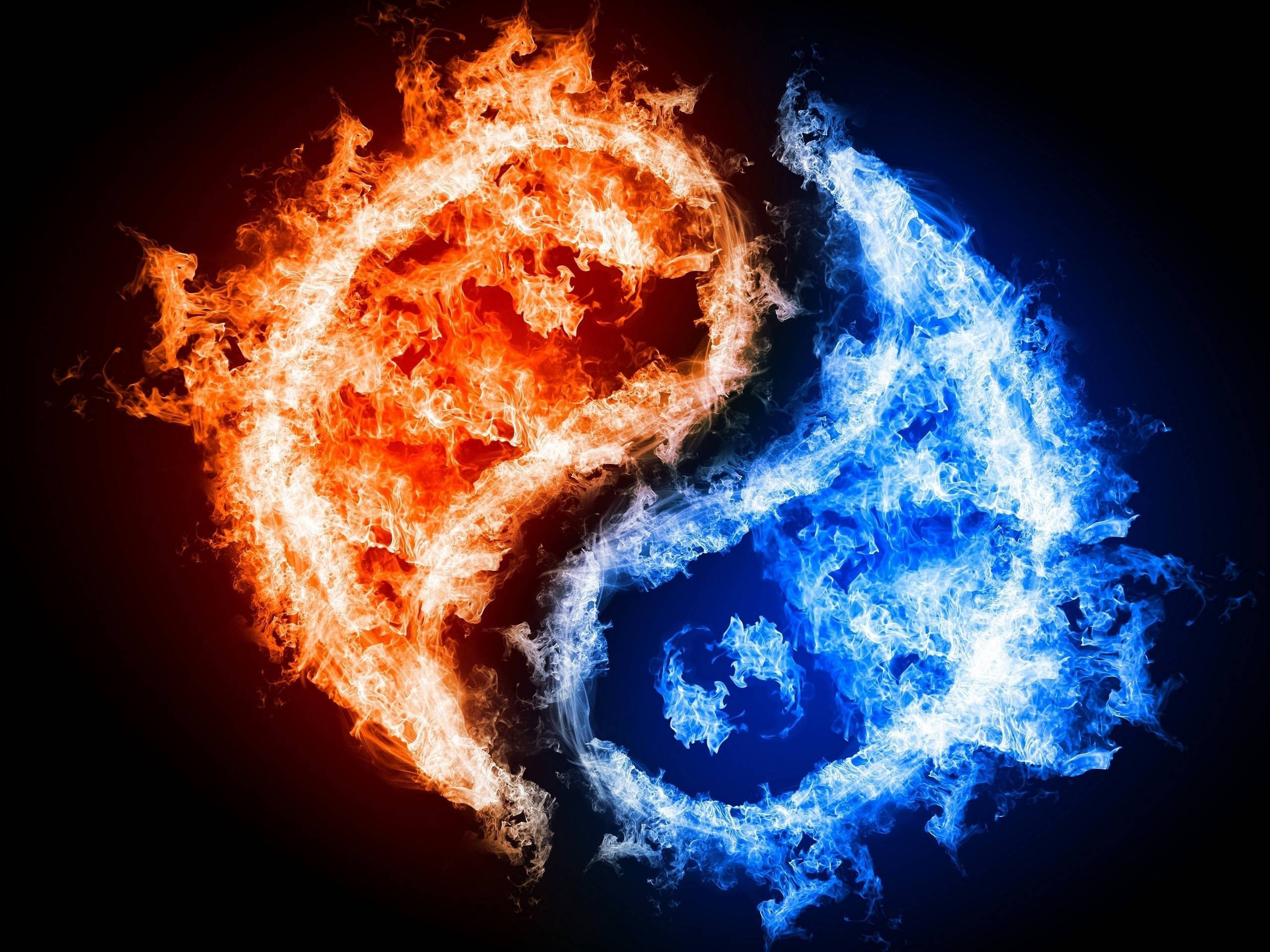 Flame 桌布 壁紙 — 一個火熱橙色和冰冷藍色的陰陽符號在黑色背景上旋轉。